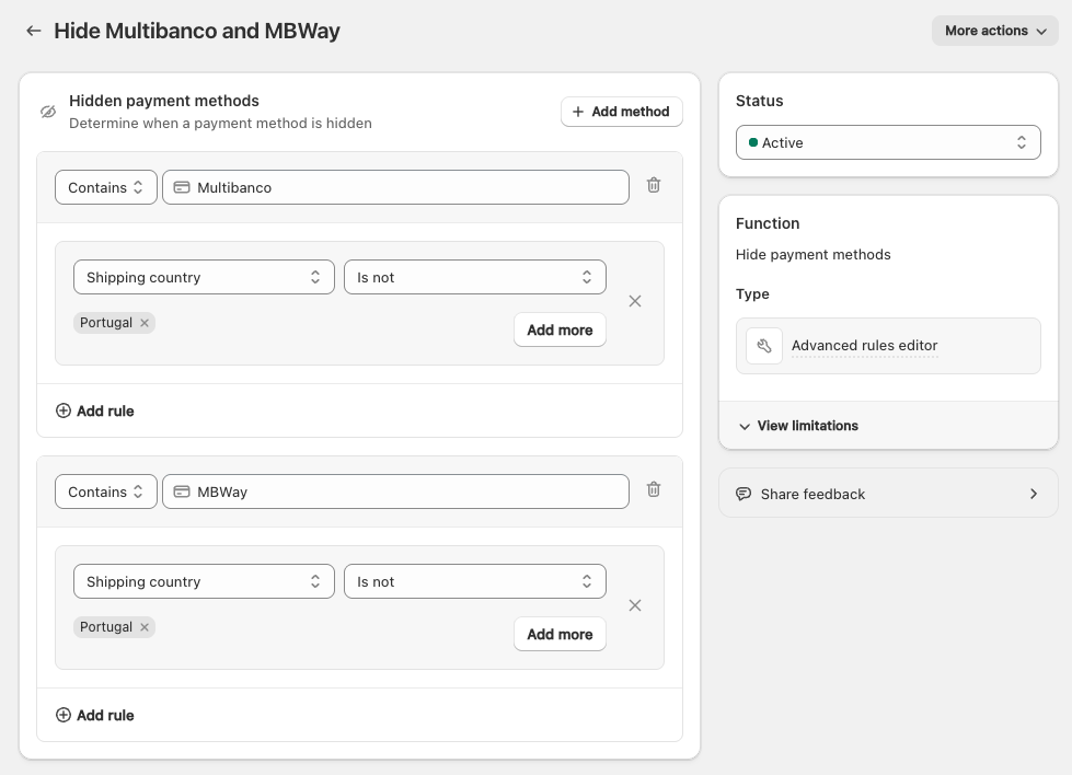 Hide Multibanco and MBWay