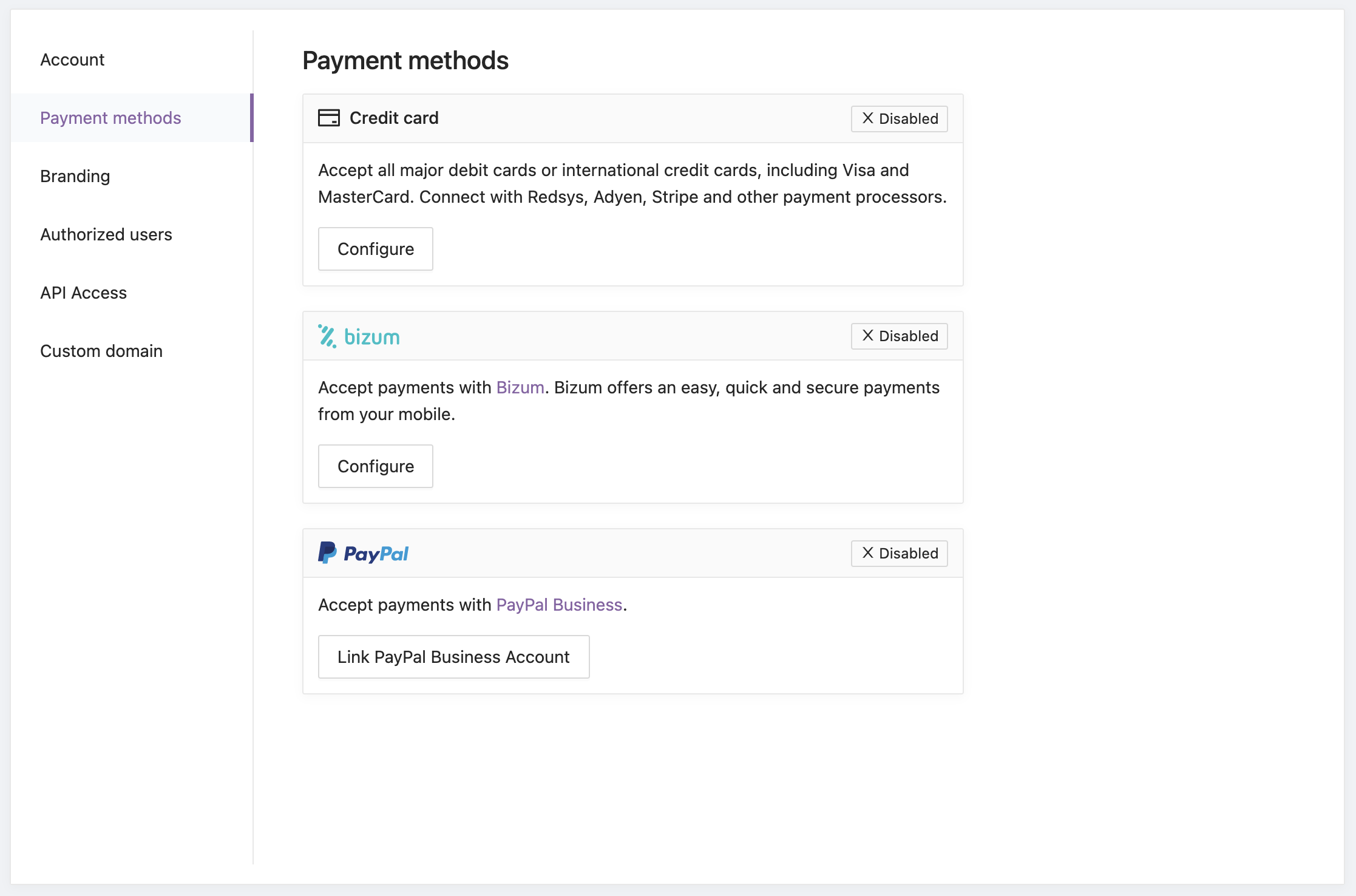 Payment methods settings in the MONEI Dashboard