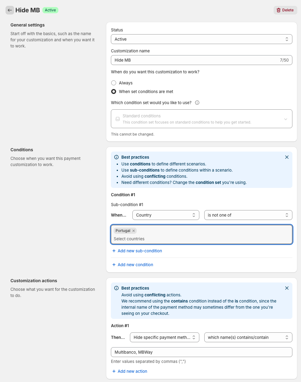 Hide Multibanco and MBWay