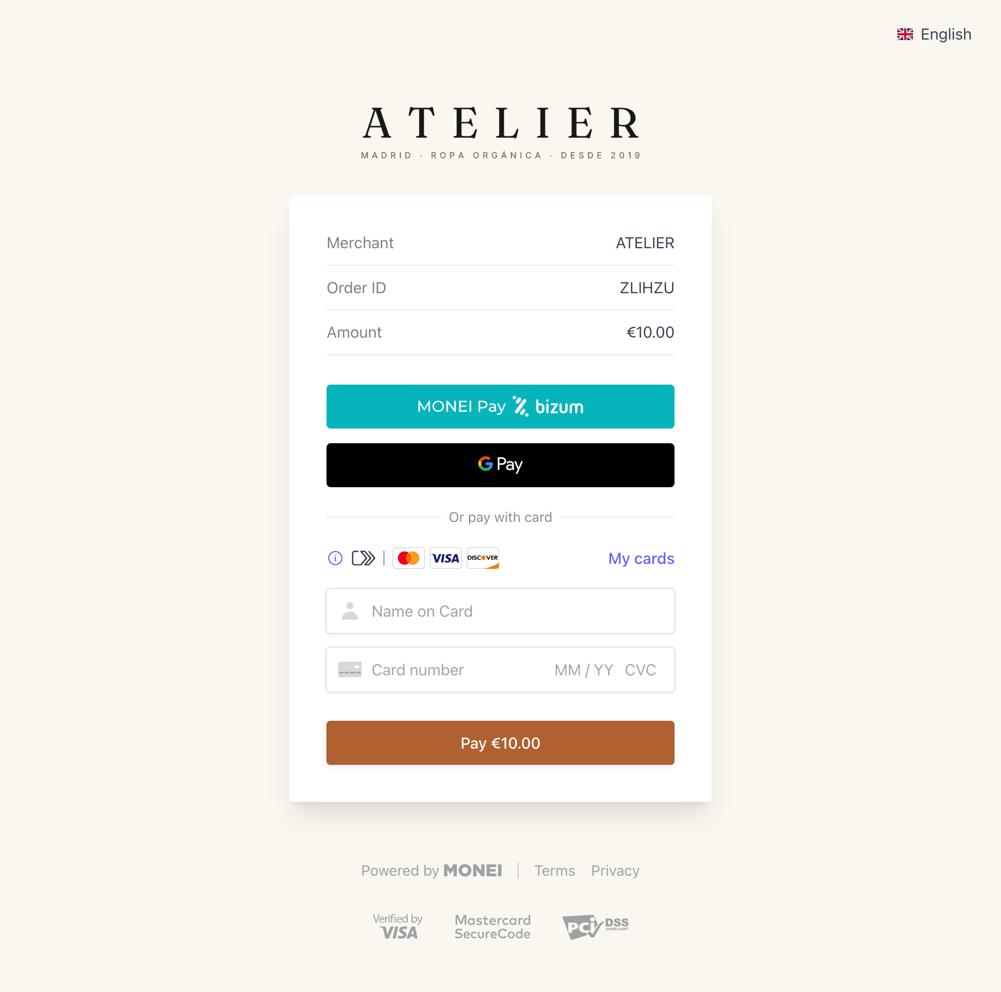 Example MONEI hosted payment page with card, Bizum, and Google Pay options
