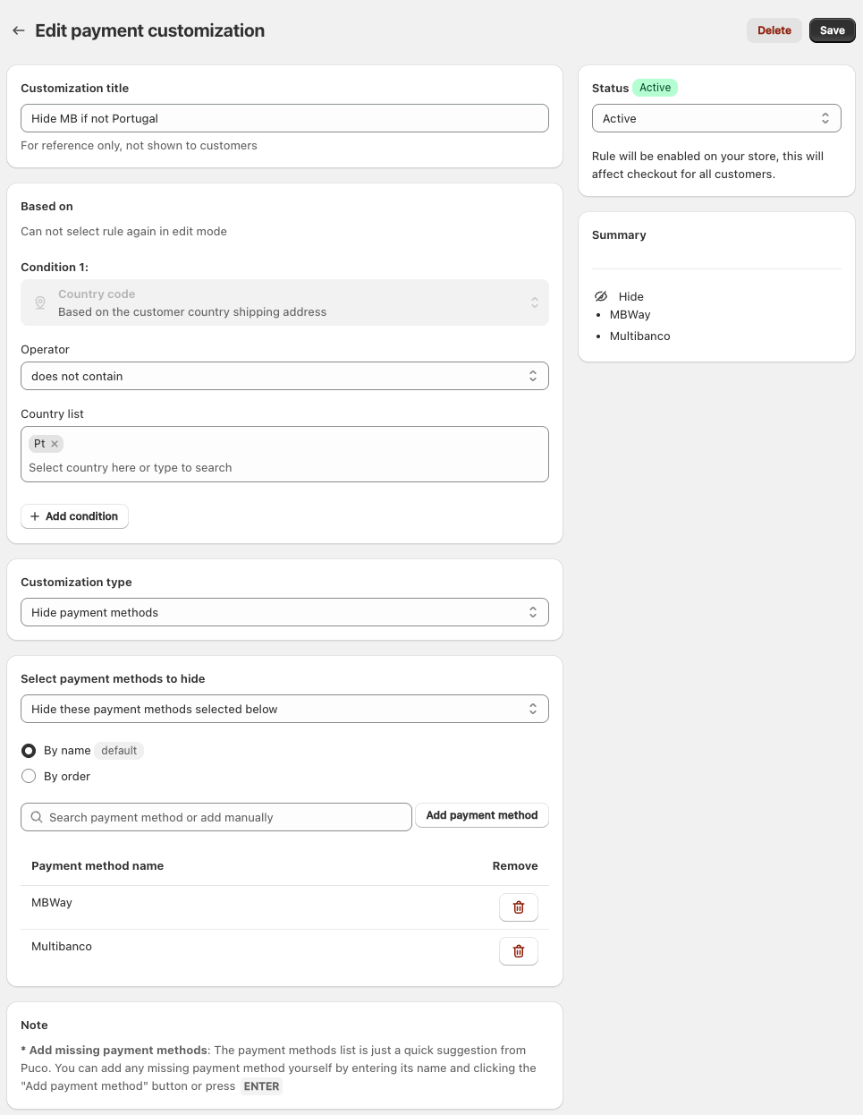 Hide Multibanco and MBWay