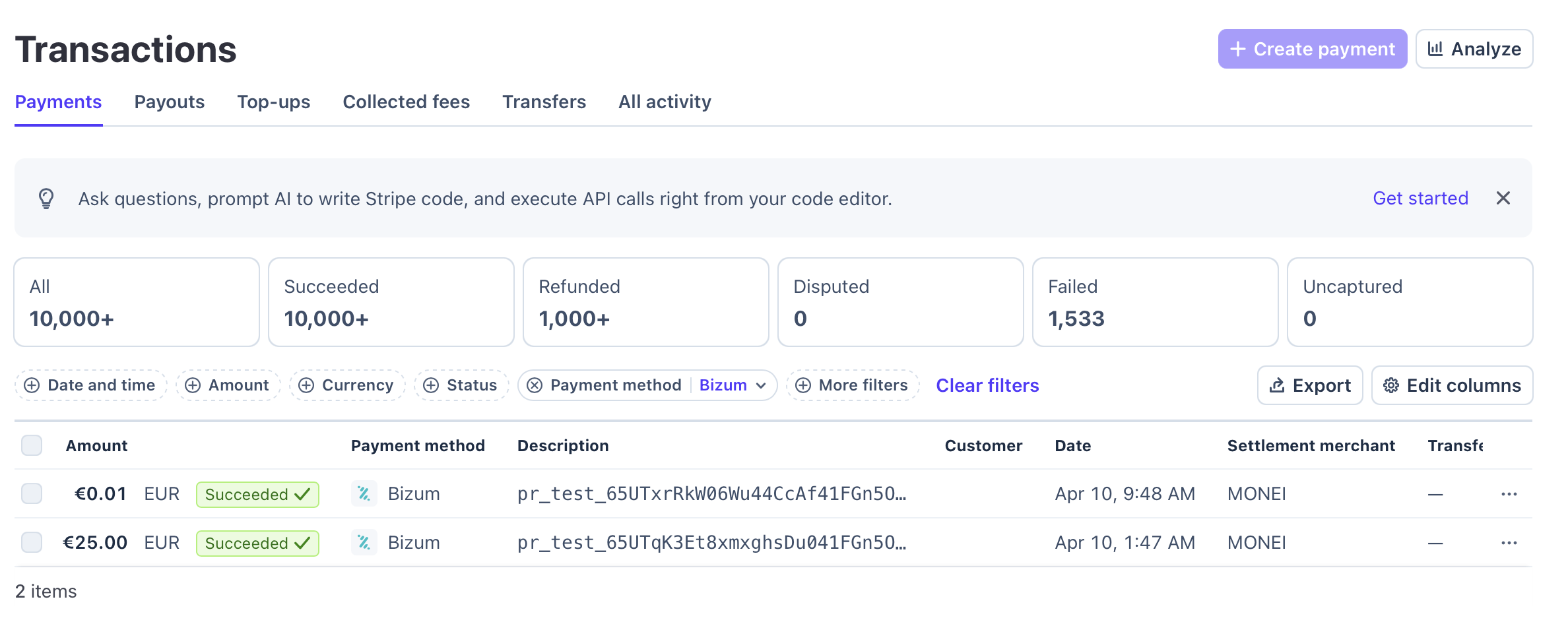 Stripe Transactions filtered by payment method Bizum, showing succeeded Bizum payments