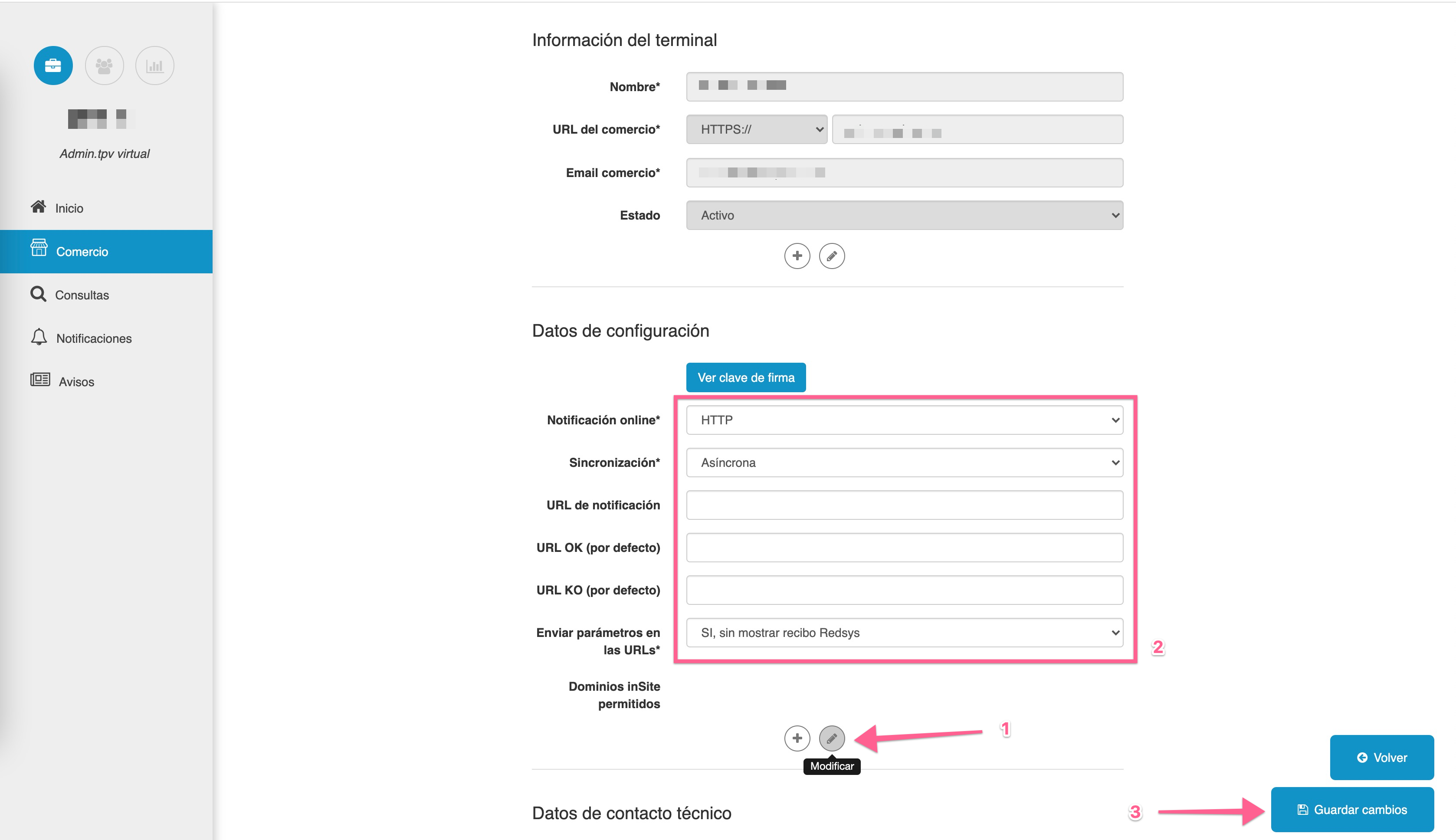 Datos de configuración en el panel de Redsys, con Notificación online en HTTP, Sincronización en Asíncrona y Enviar parámetros en las URLs en SI, sin mostrar recibo Redsys