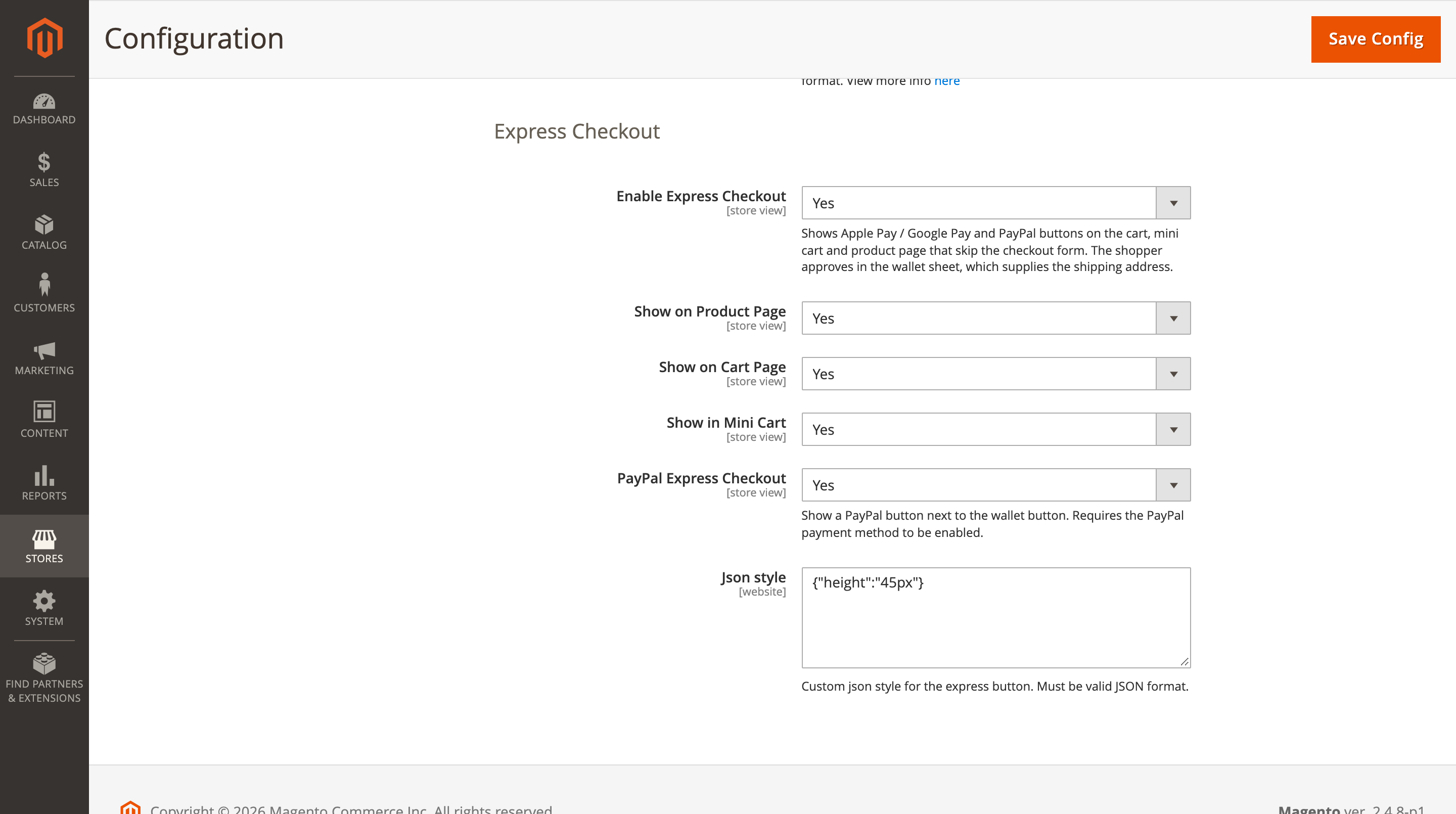 Ajustes de express checkout