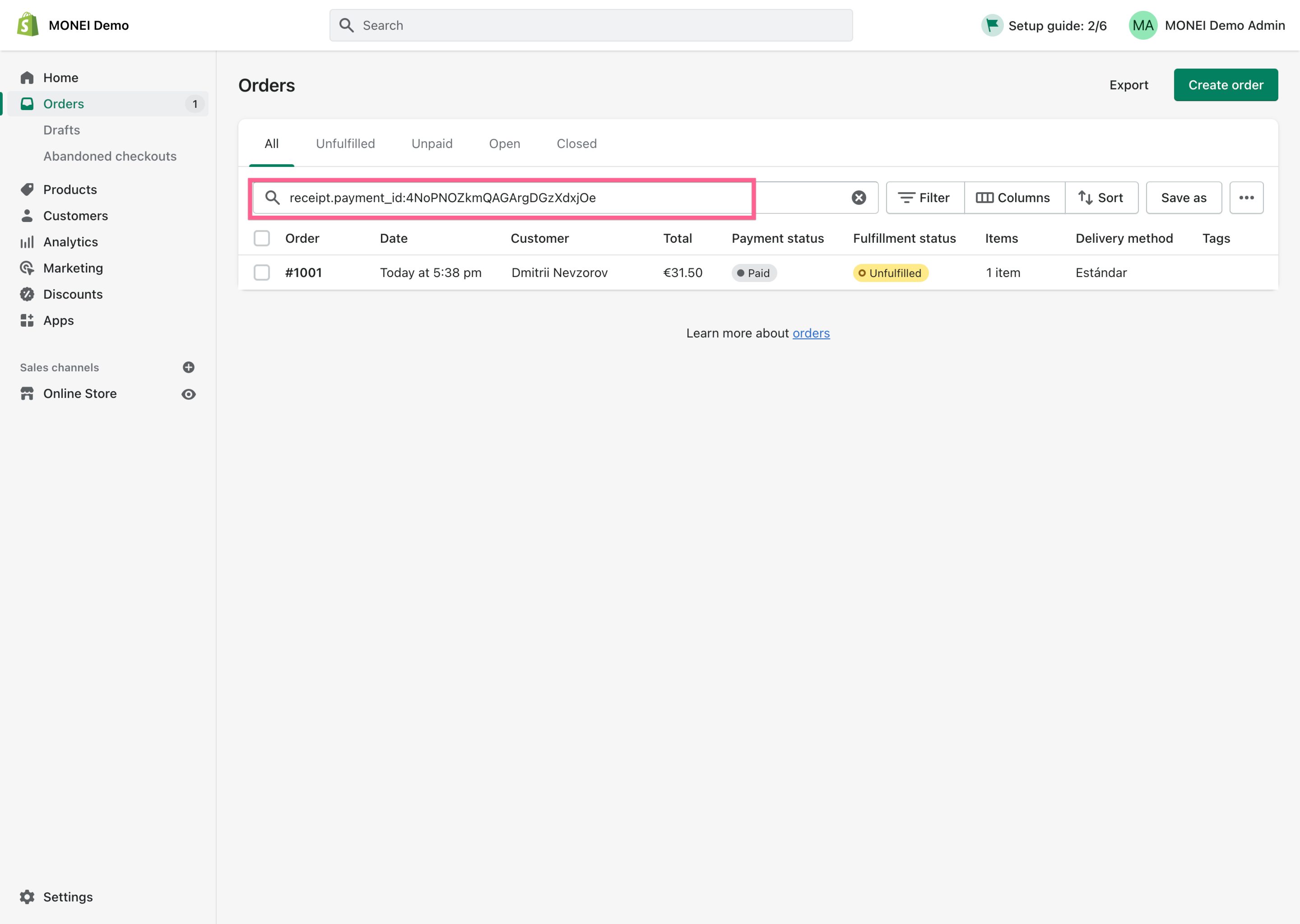 Encontrar pago de MONEI en Shopify
