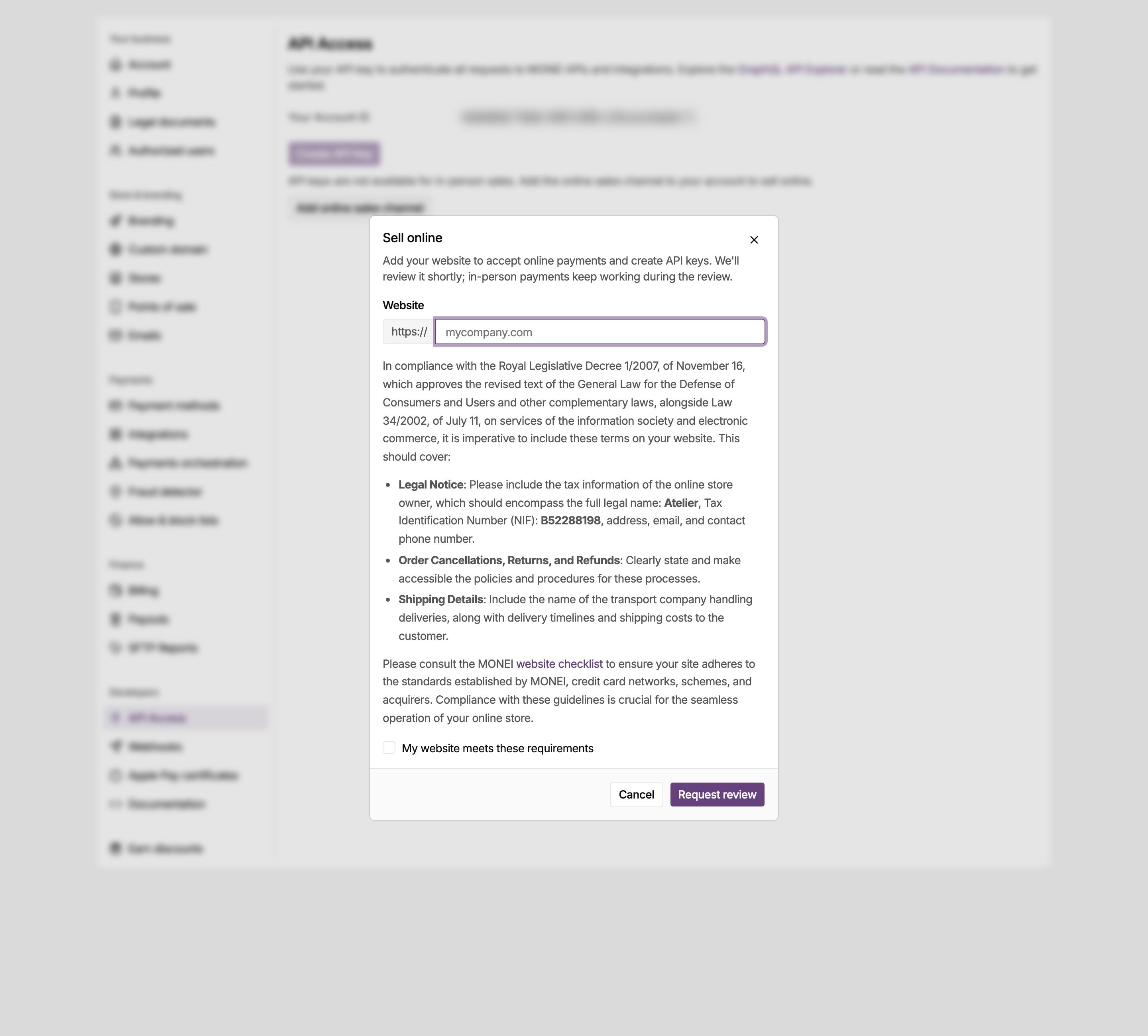 Sell online dialog in the MONEI Dashboard, with the Website field, the website requirements and the My website meets these requirements checkbox above Request review