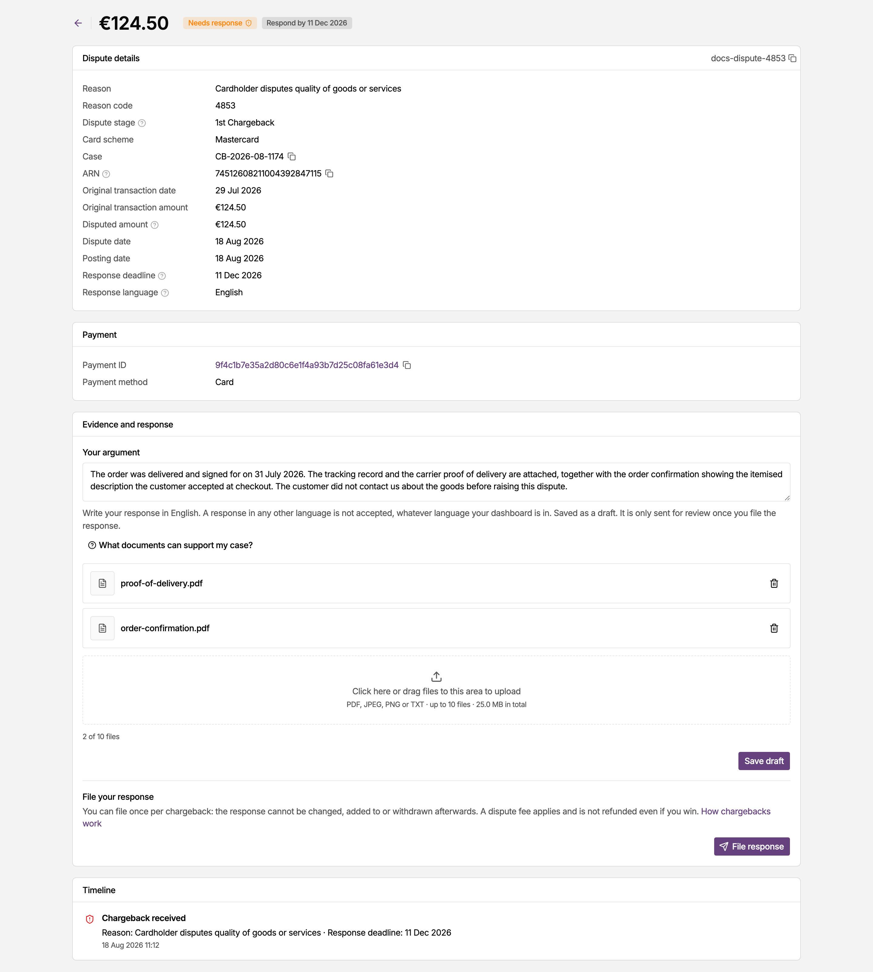 A dispute open in the MONEI Dashboard, with the dispute details, the payment, the saved argument and its attached evidence, and the timeline
