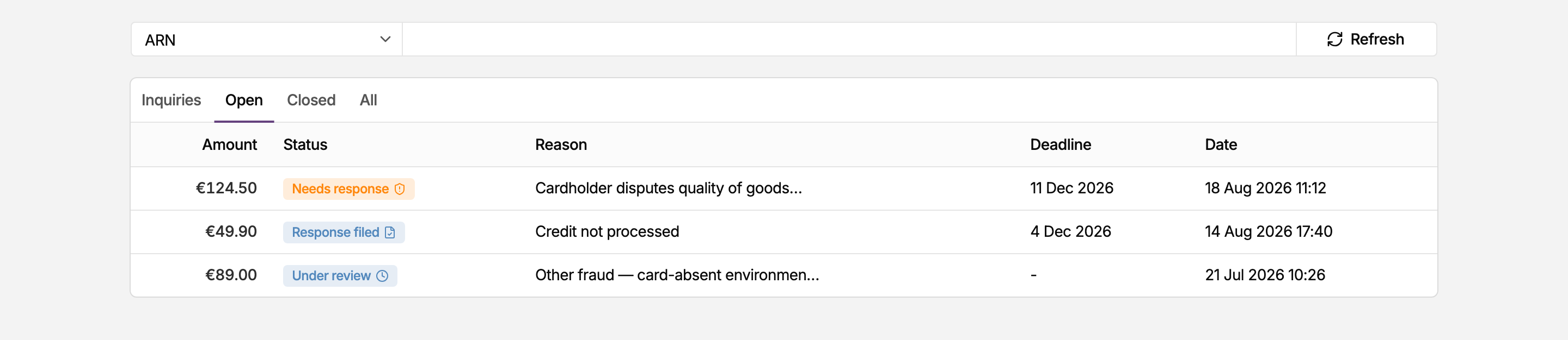 Disputes list in the MONEI Dashboard on the Open tab, showing the disputed amount, status, reason, response deadline and date for each case