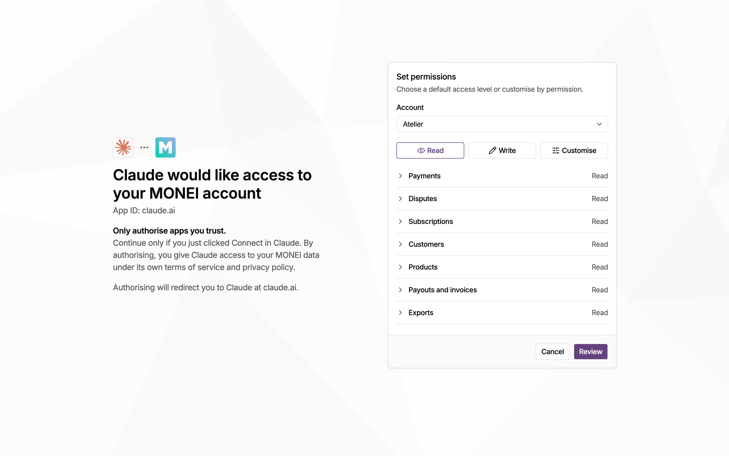MONEI consent page: Claude asks for access to your MONEI account