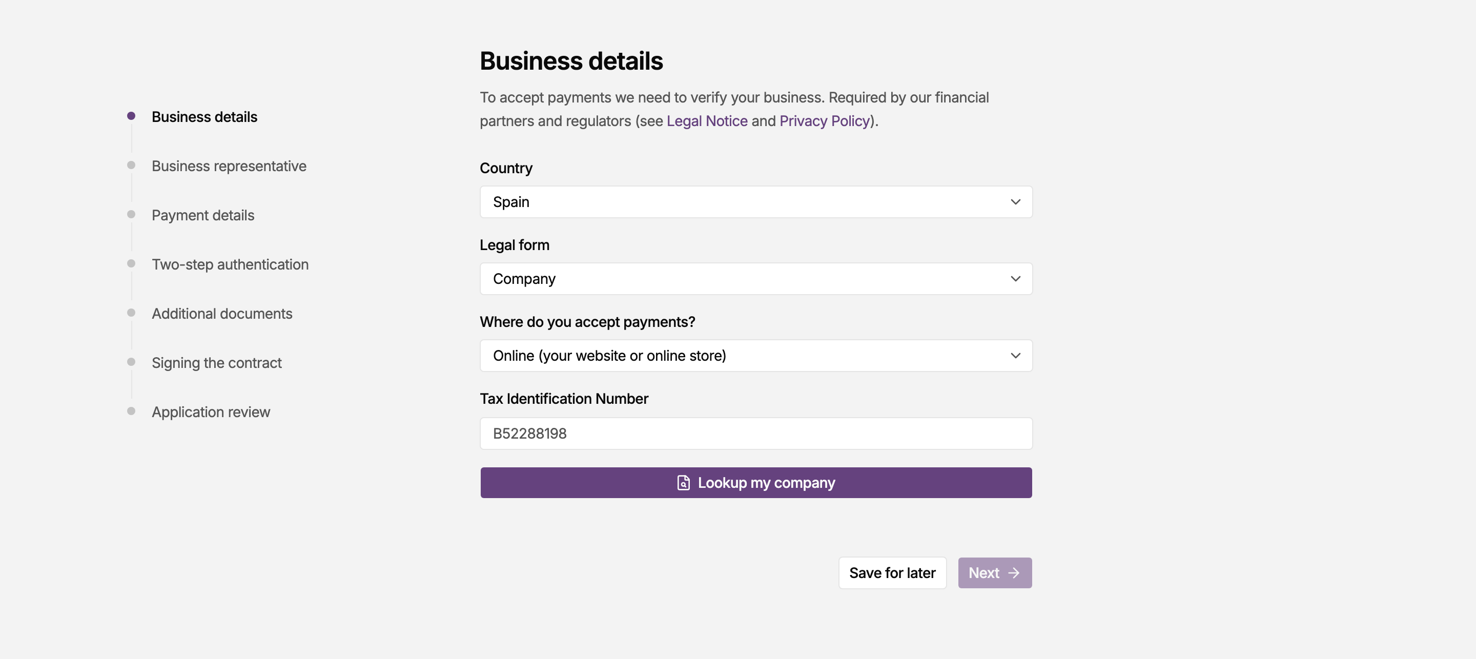 Business details step of the MONEI onboarding wizard for a company, asking for the country, the legal form and the Tax Identification Number, with the remaining steps listed on the left