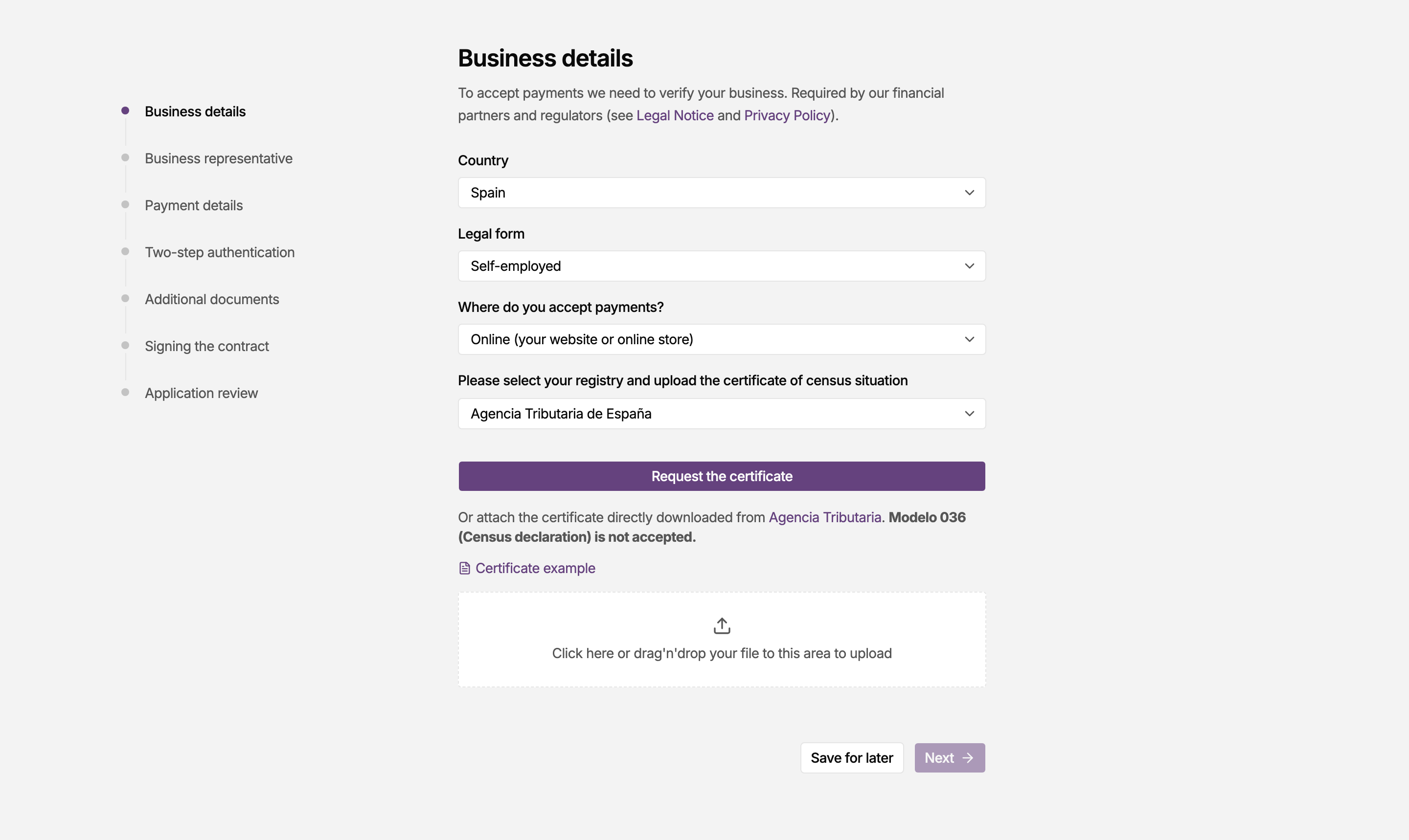 Business details step of the MONEI onboarding wizard for a self-employed merchant, asking for the tax registry and the certificate of census situation instead of a company Tax Identification Number