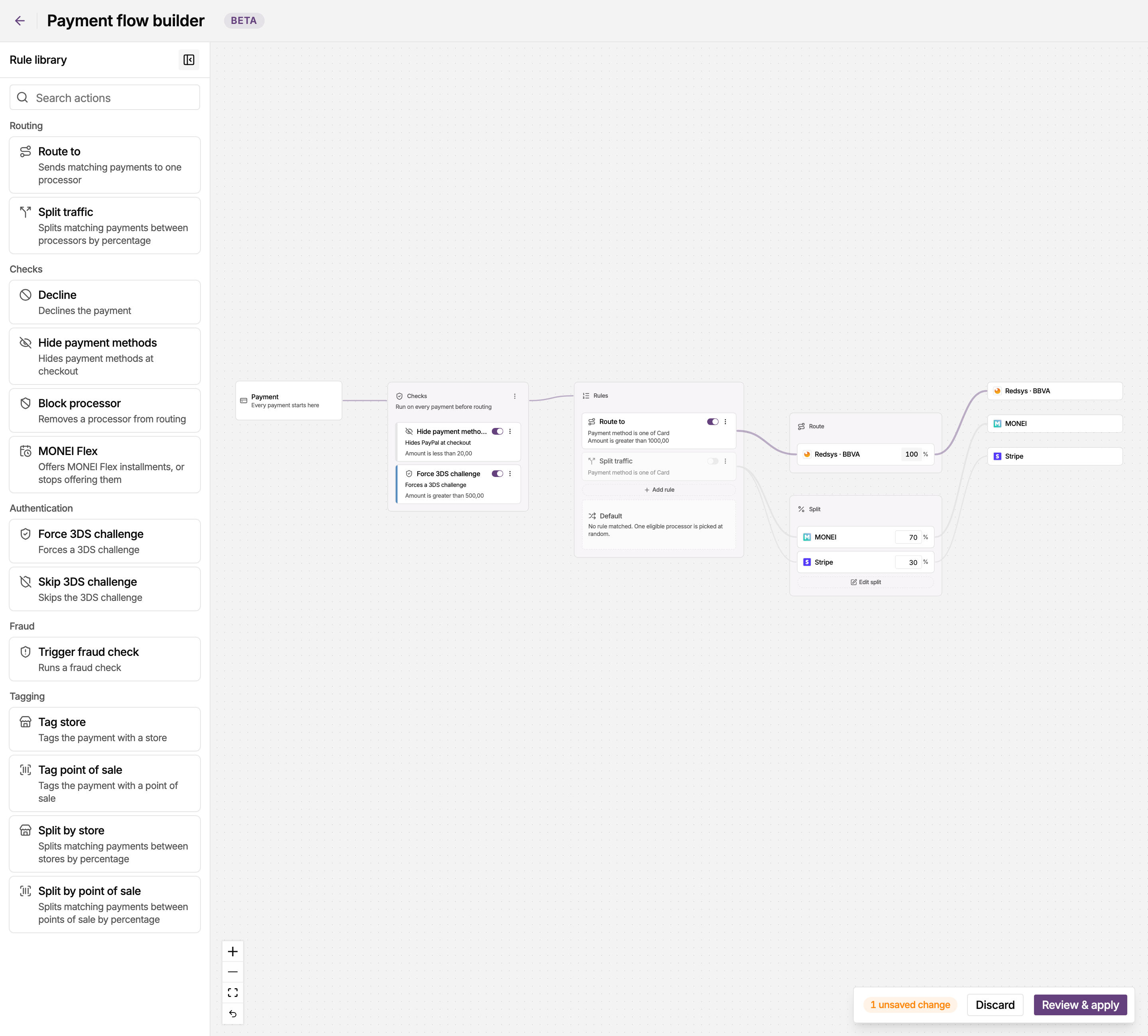 Payment flow builder in the MONEI Dashboard with one unsaved change, and the Discard and Review & apply buttons