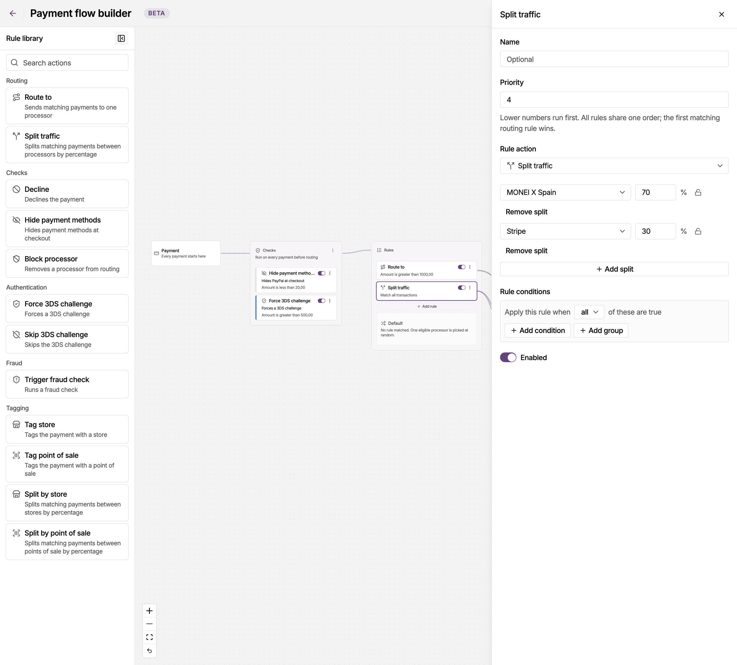 Rule inspector in the MONEI Dashboard payment flow builder, editing the rule that splits card payments 70/30