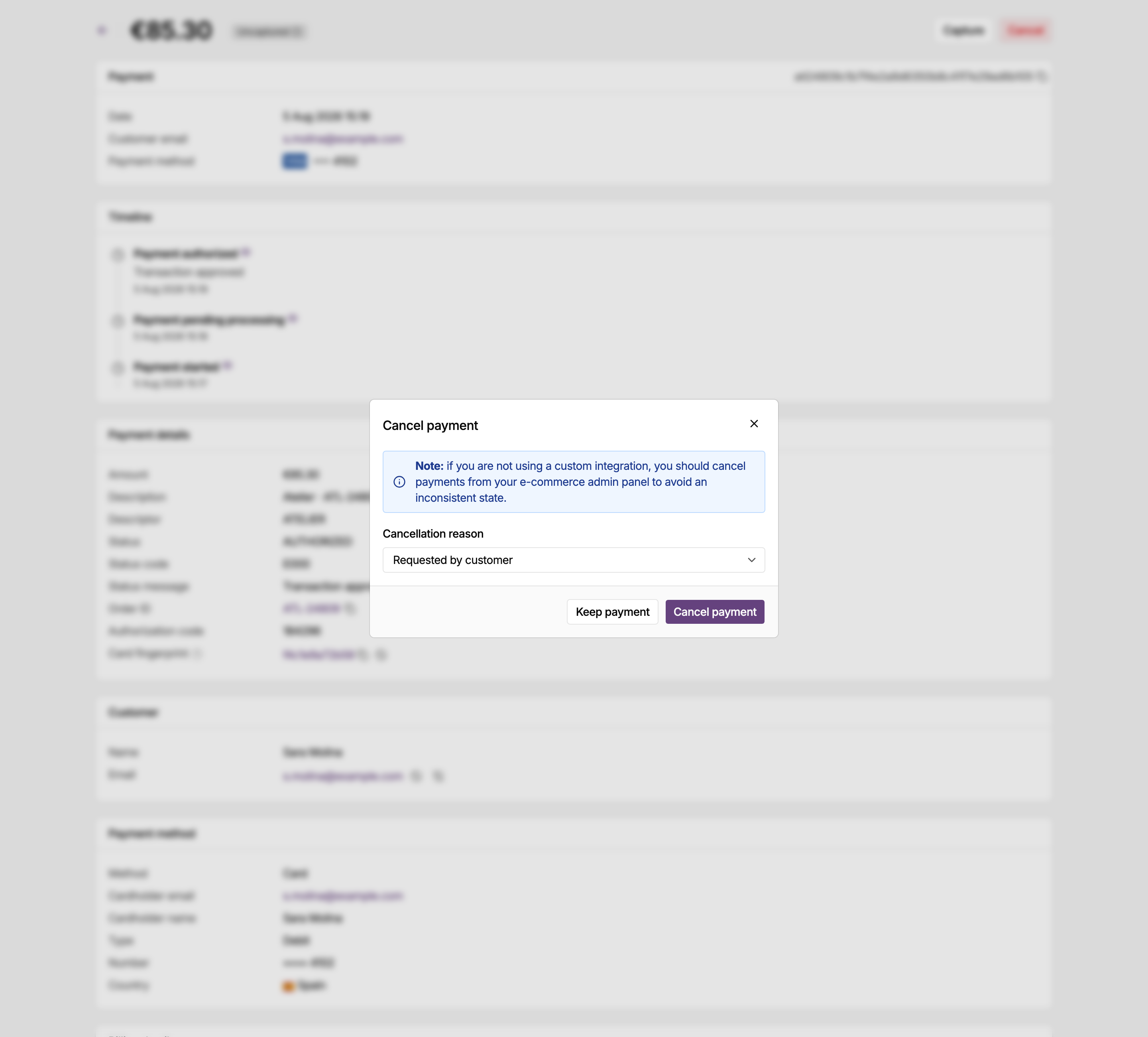 Cancel payment dialog in the MONEI Dashboard, where you cancel an authorized payment