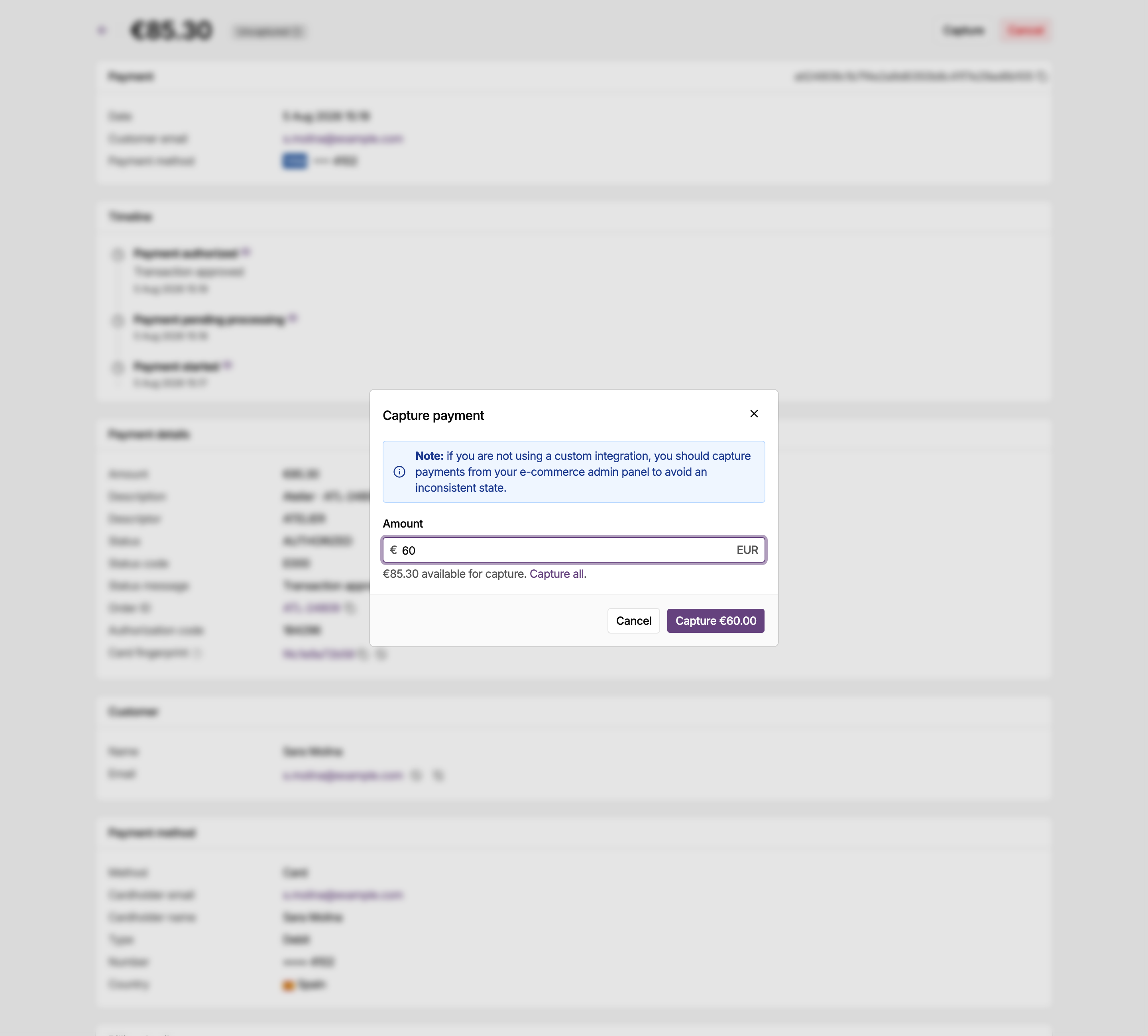 Capture payment dialog in the MONEI Dashboard, where you capture an authorized payment