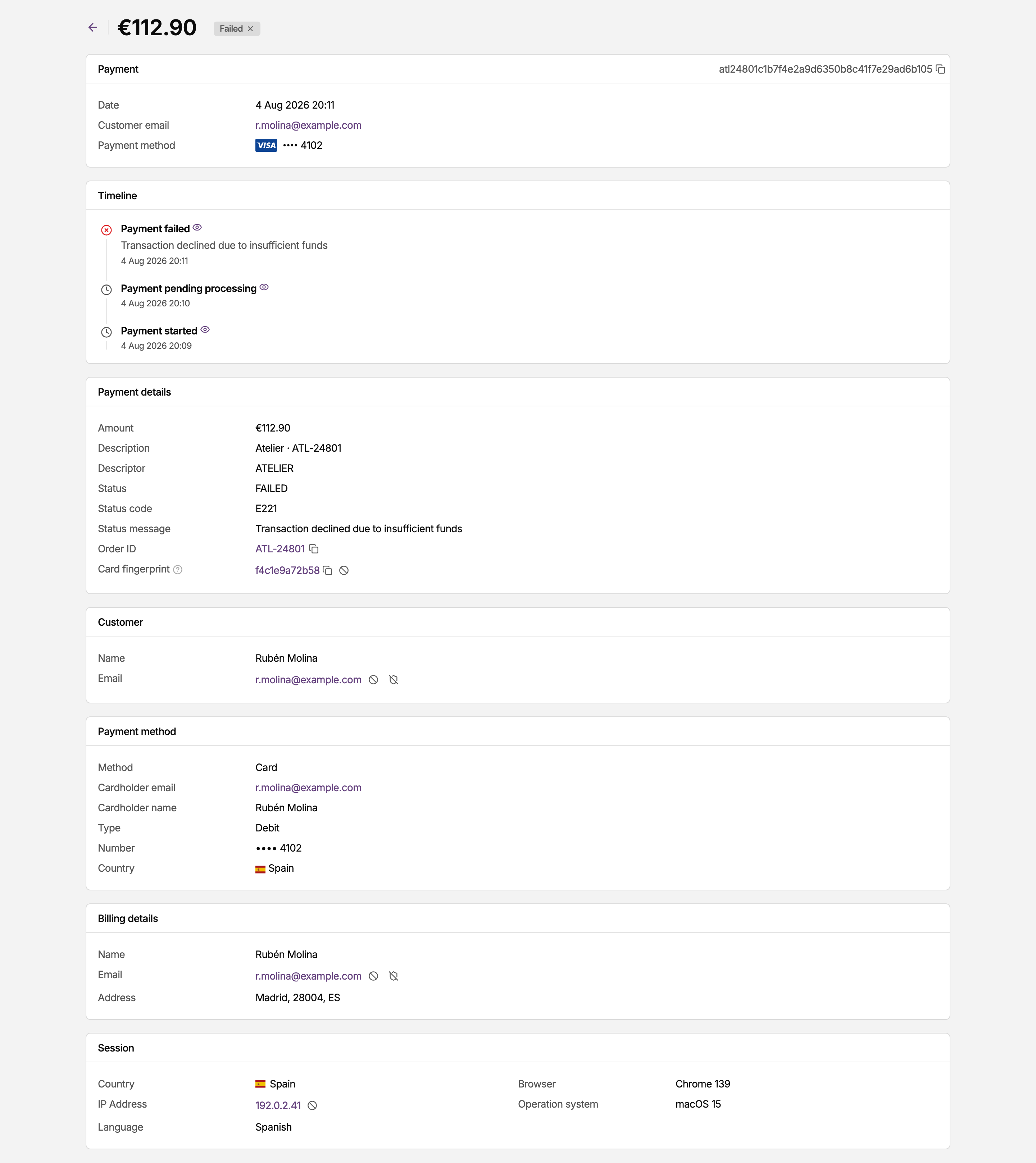 Payment detail page for a declined payment in the MONEI Dashboard, showing status code E221 and the status message Transaction declined due to insufficient funds