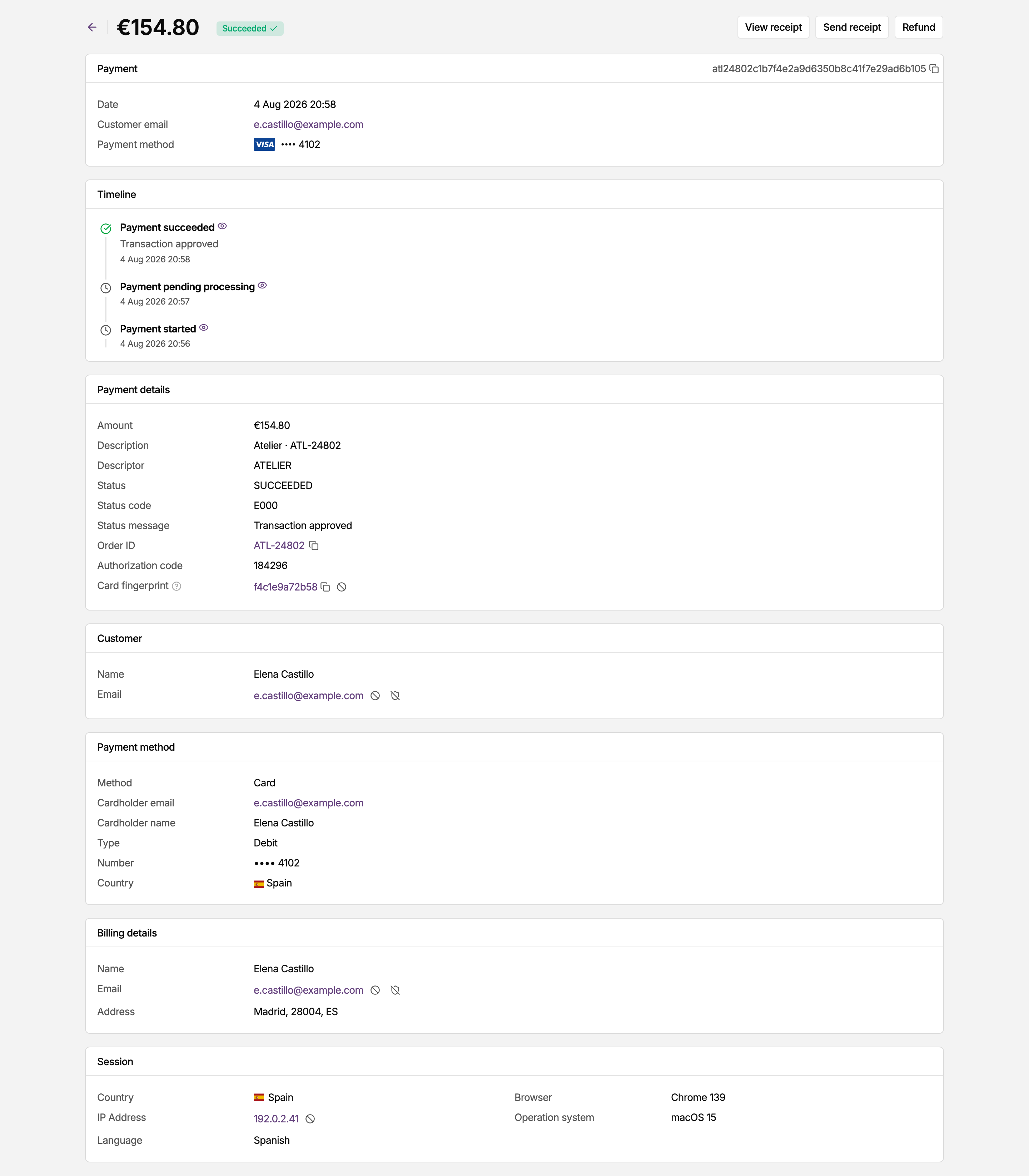 Payment detail page in the MONEI Dashboard, with the timeline, the payment details, the customer and the payment method used