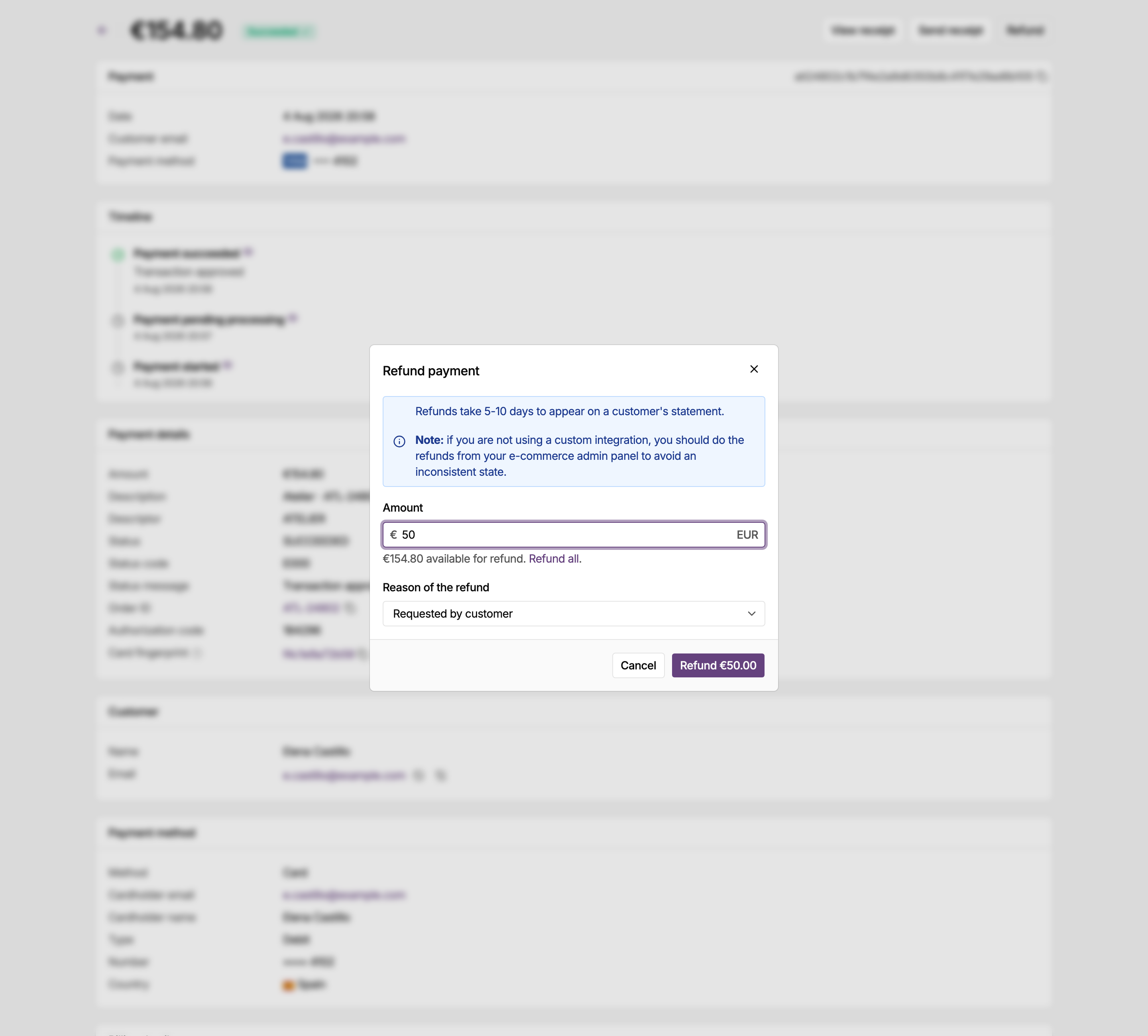 Refund payment dialog in the MONEI Dashboard, with the amount and the refund reason