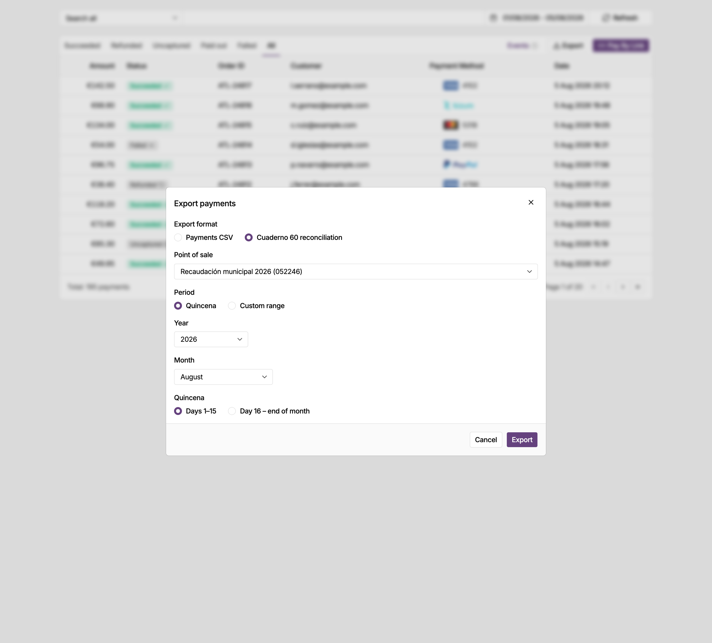Export payments dialog in the MONEI Dashboard with Cuaderno 60 selected as the export format, and the point of sale, year, month and quincena to export