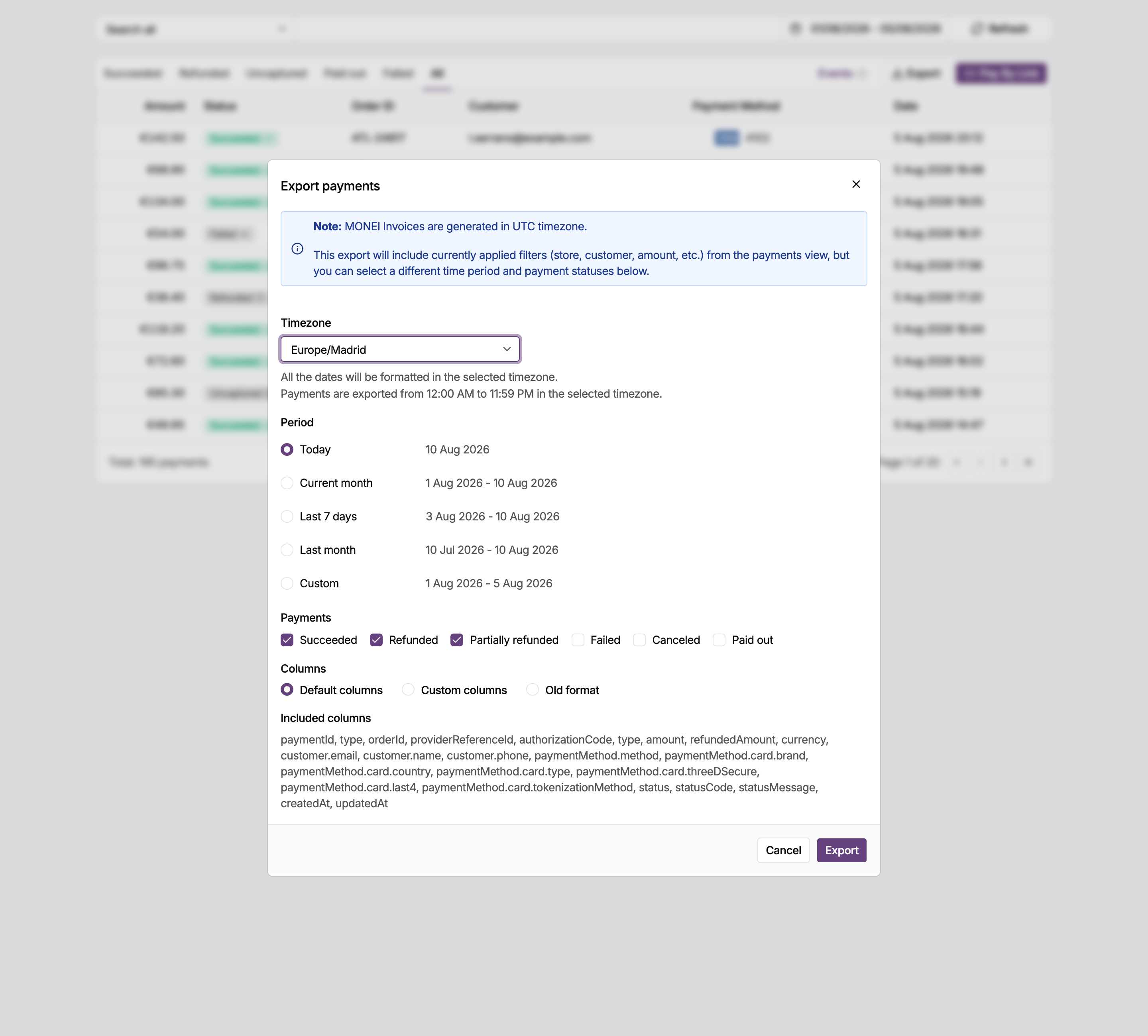 Export payments dialog in the MONEI Dashboard, with period, status and column options