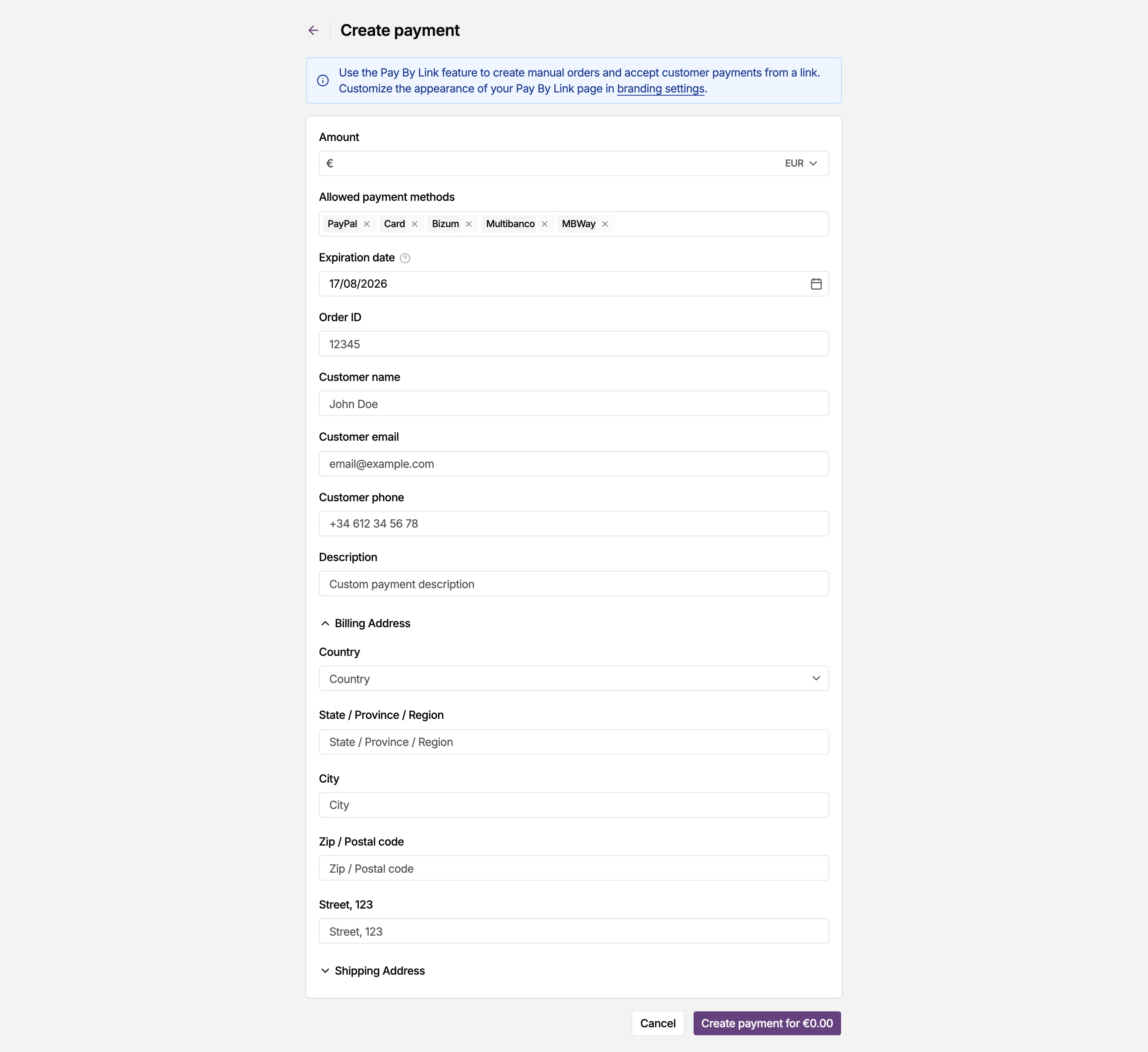 Create payment form in the MONEI Dashboard, where you build a Pay by Link payment