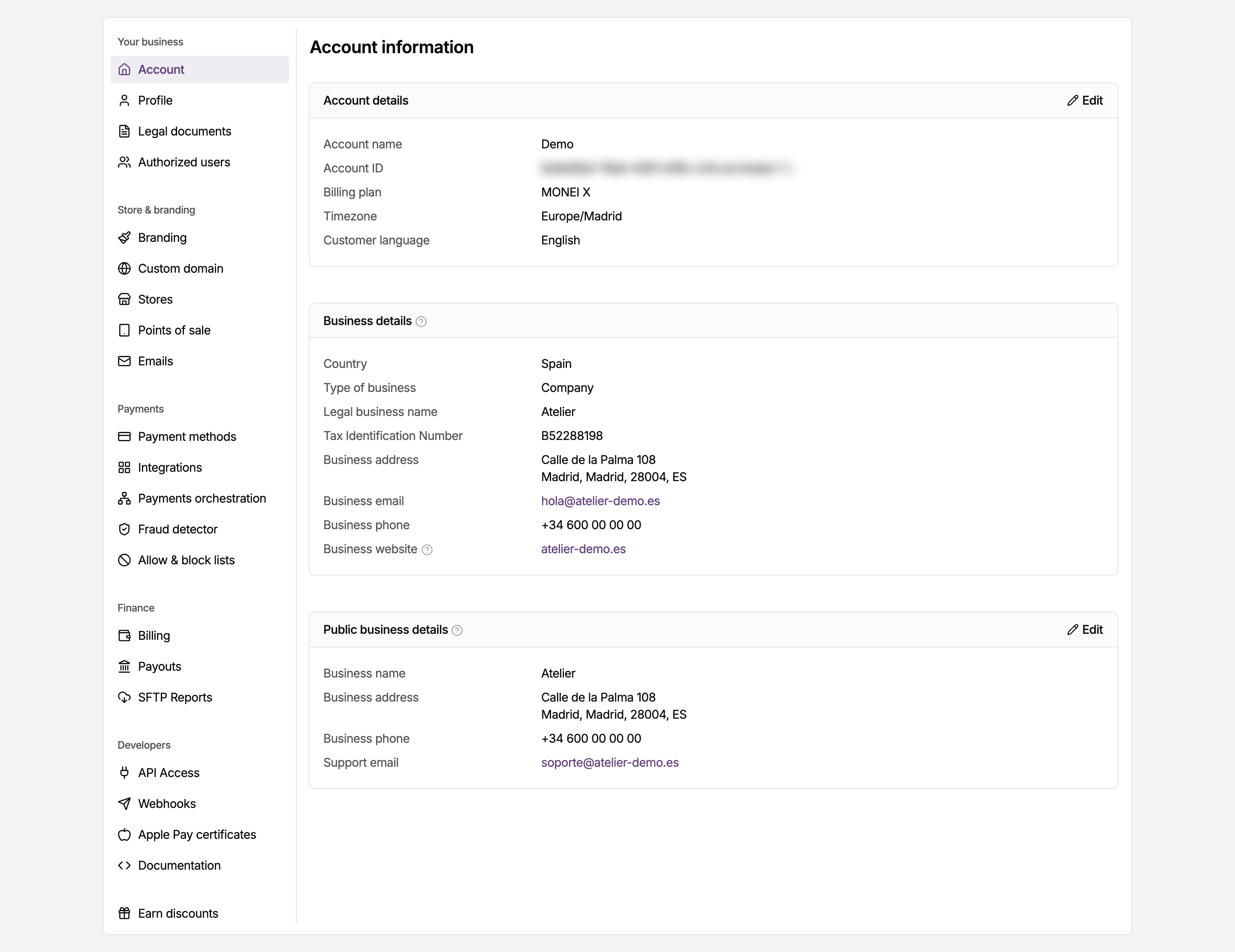 Account page in the MONEI Dashboard settings, with the settings navigation on the left