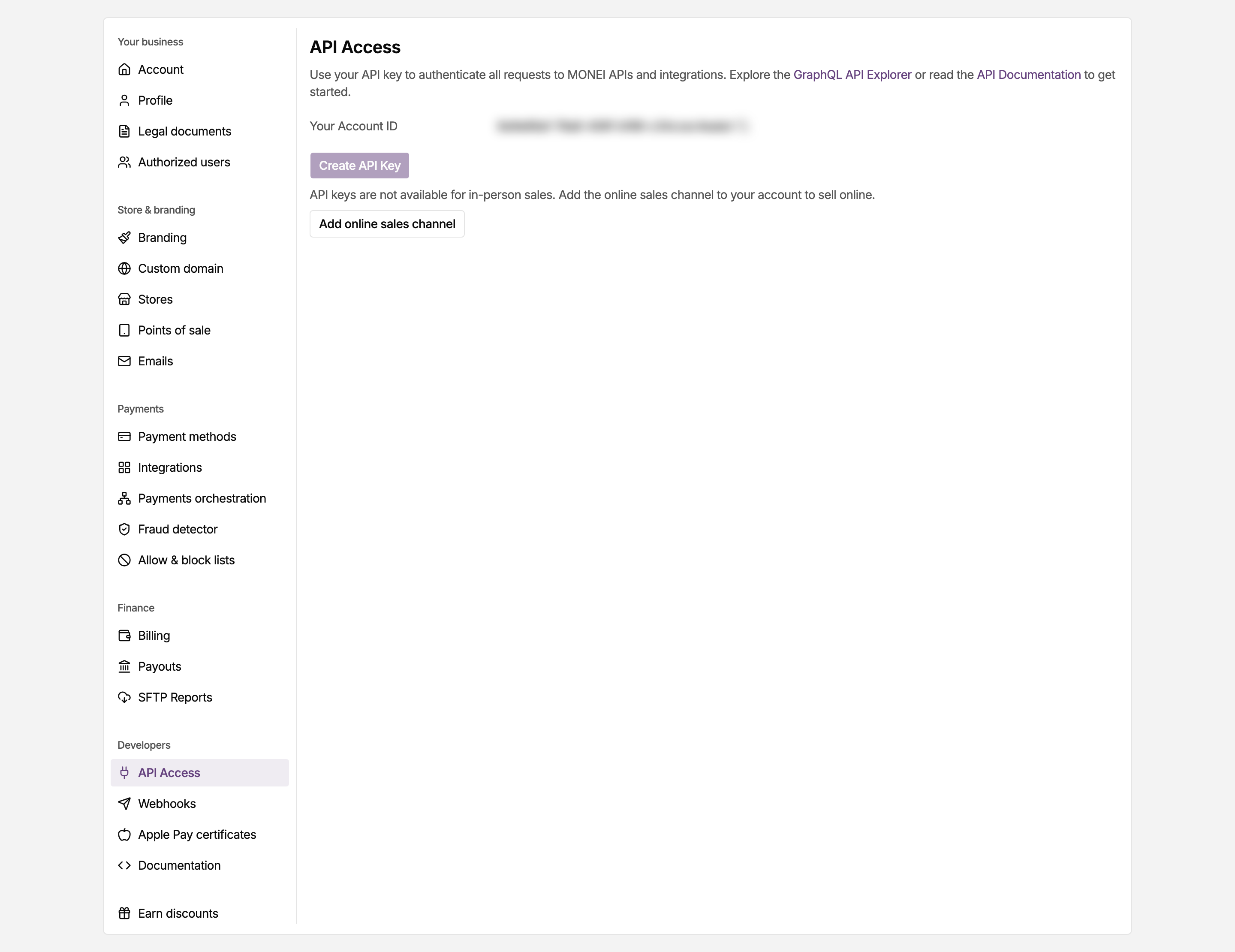 API Access page in the MONEI Dashboard settings for an in-person account, with Create API Key disabled and the Add online sales channel button under it