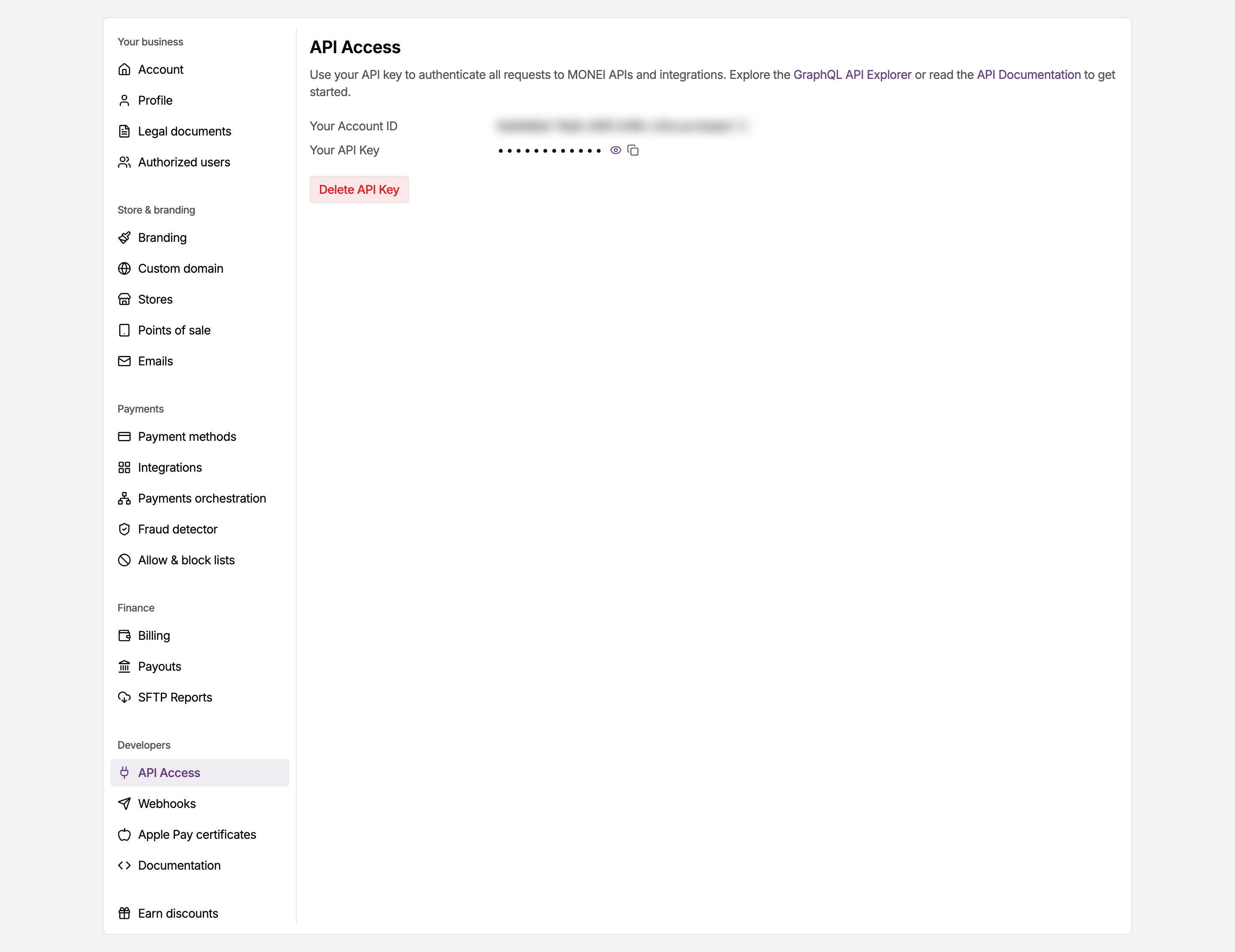 API Access page in the MONEI Dashboard settings, showing your account ID and API key