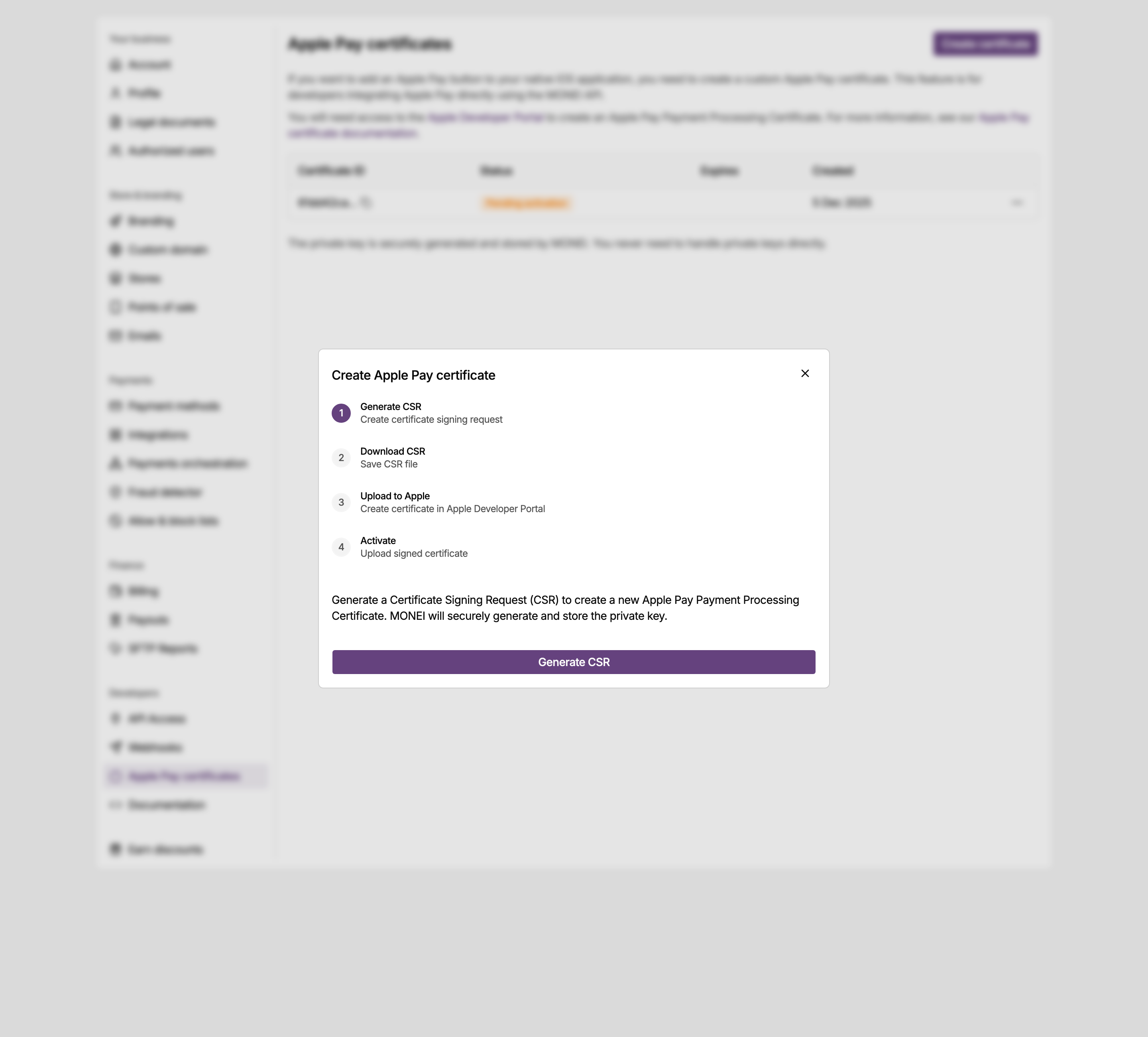Create Apple Pay certificate dialog in the MONEI Dashboard settings, showing the CSR step