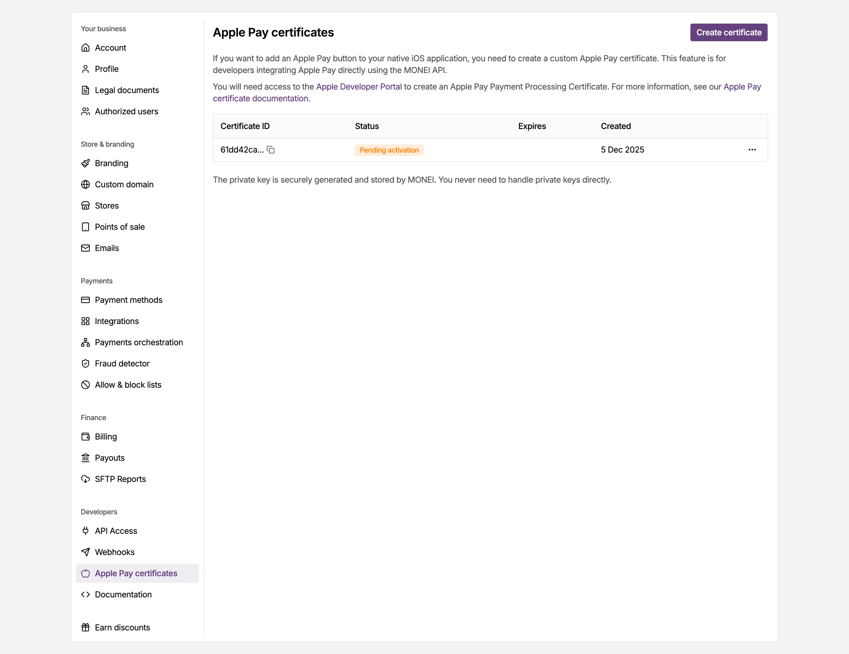 Apple Pay certificates page in the MONEI Dashboard settings, listing your registered certificates