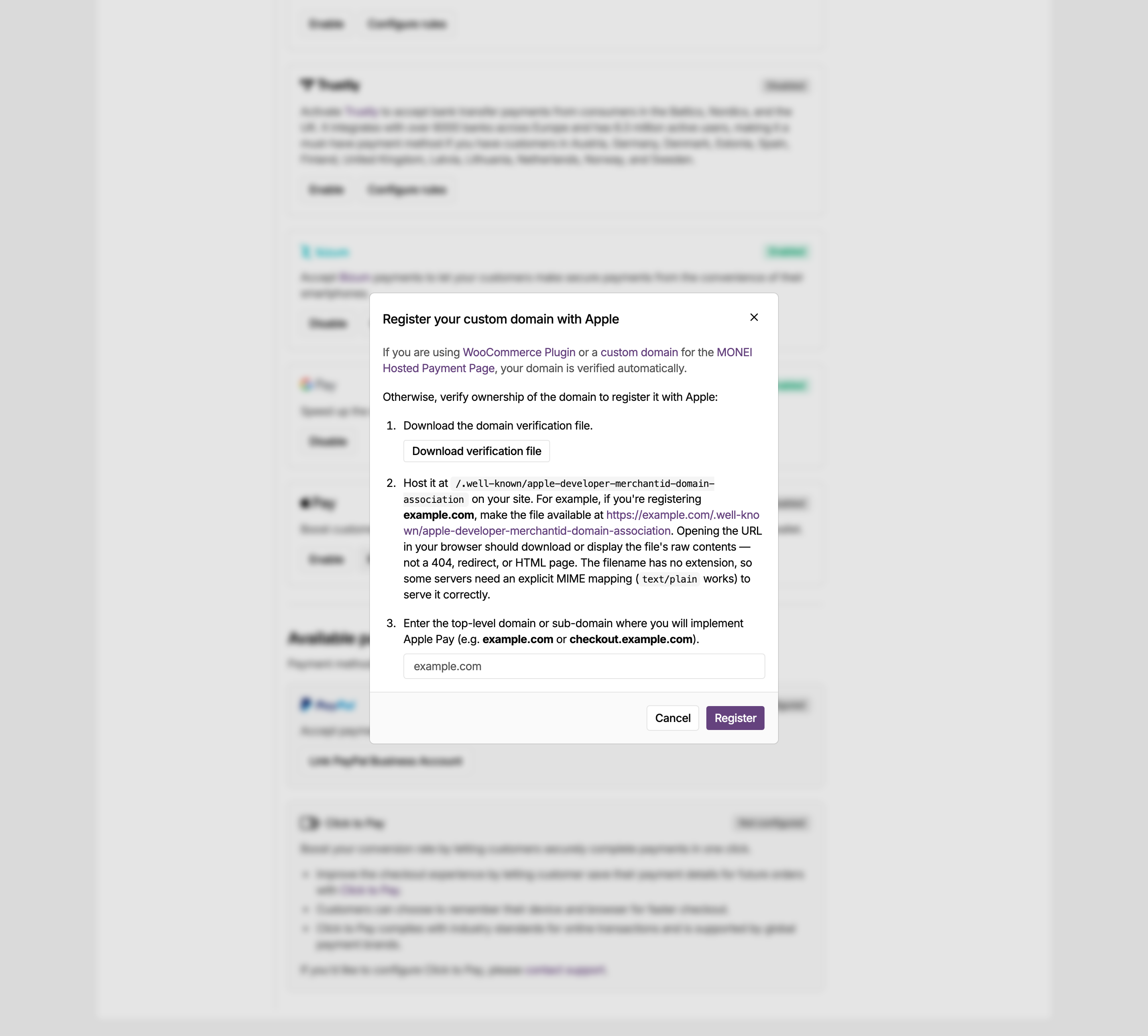 Register your custom domain with Apple dialog in the MONEI Dashboard settings