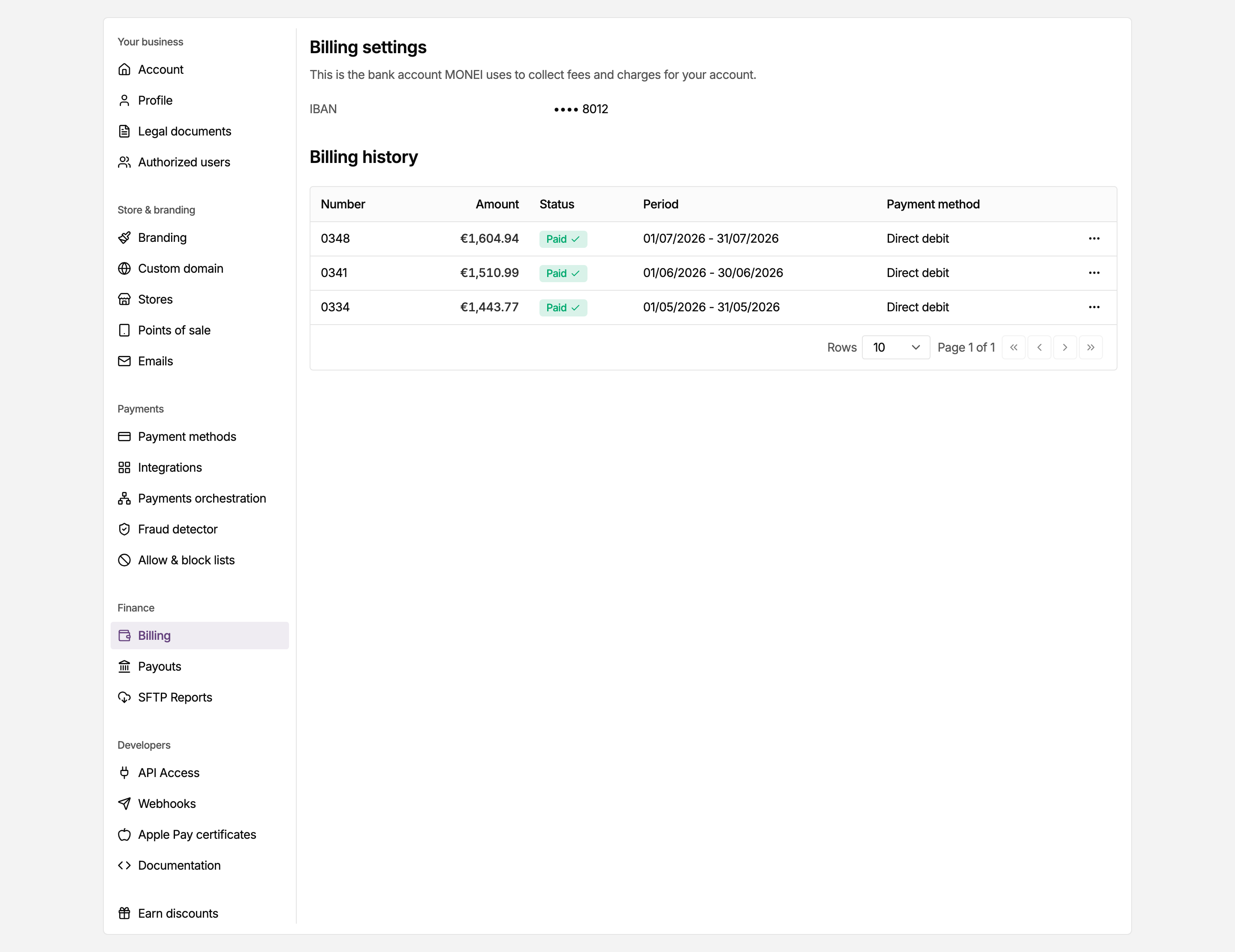 Billing page in the MONEI Dashboard settings, with your plan and your invoices