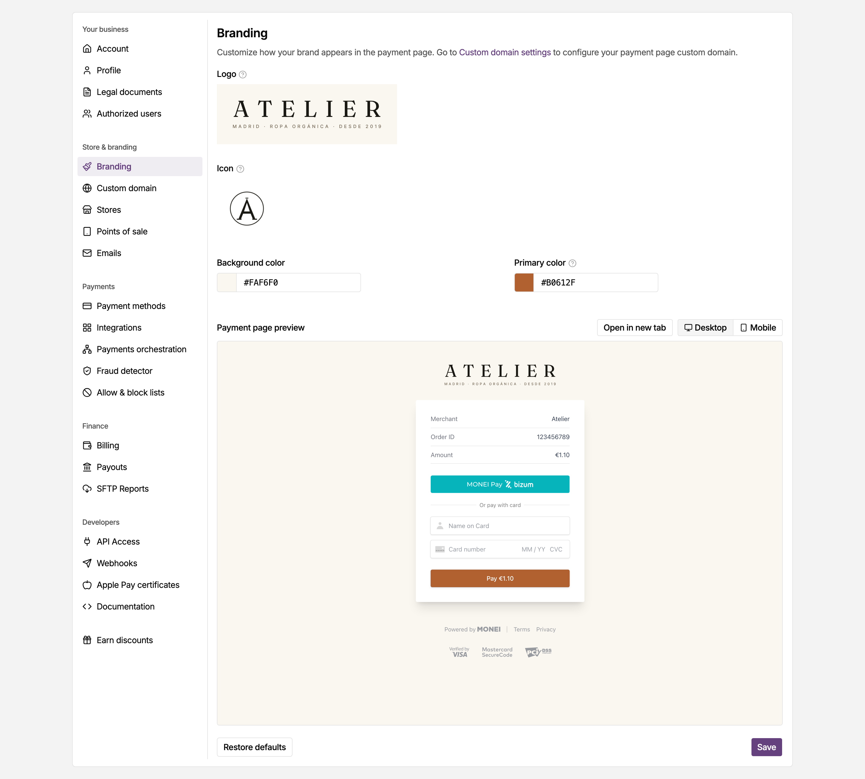 Branding page in the MONEI Dashboard settings, where you customize your payment page