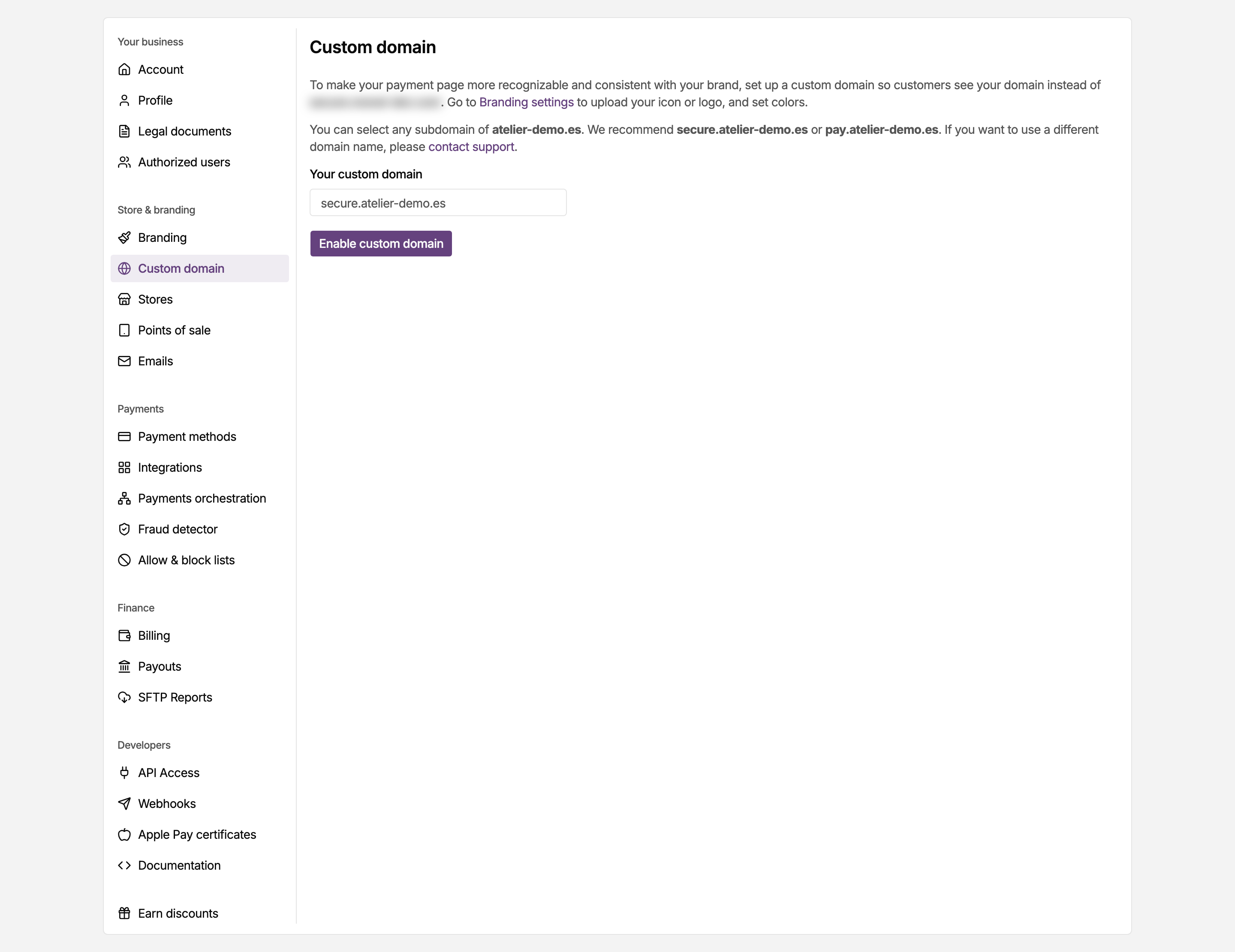 Custom domain page in the MONEI Dashboard settings, where you enter the subdomain your customers will see on your payment page