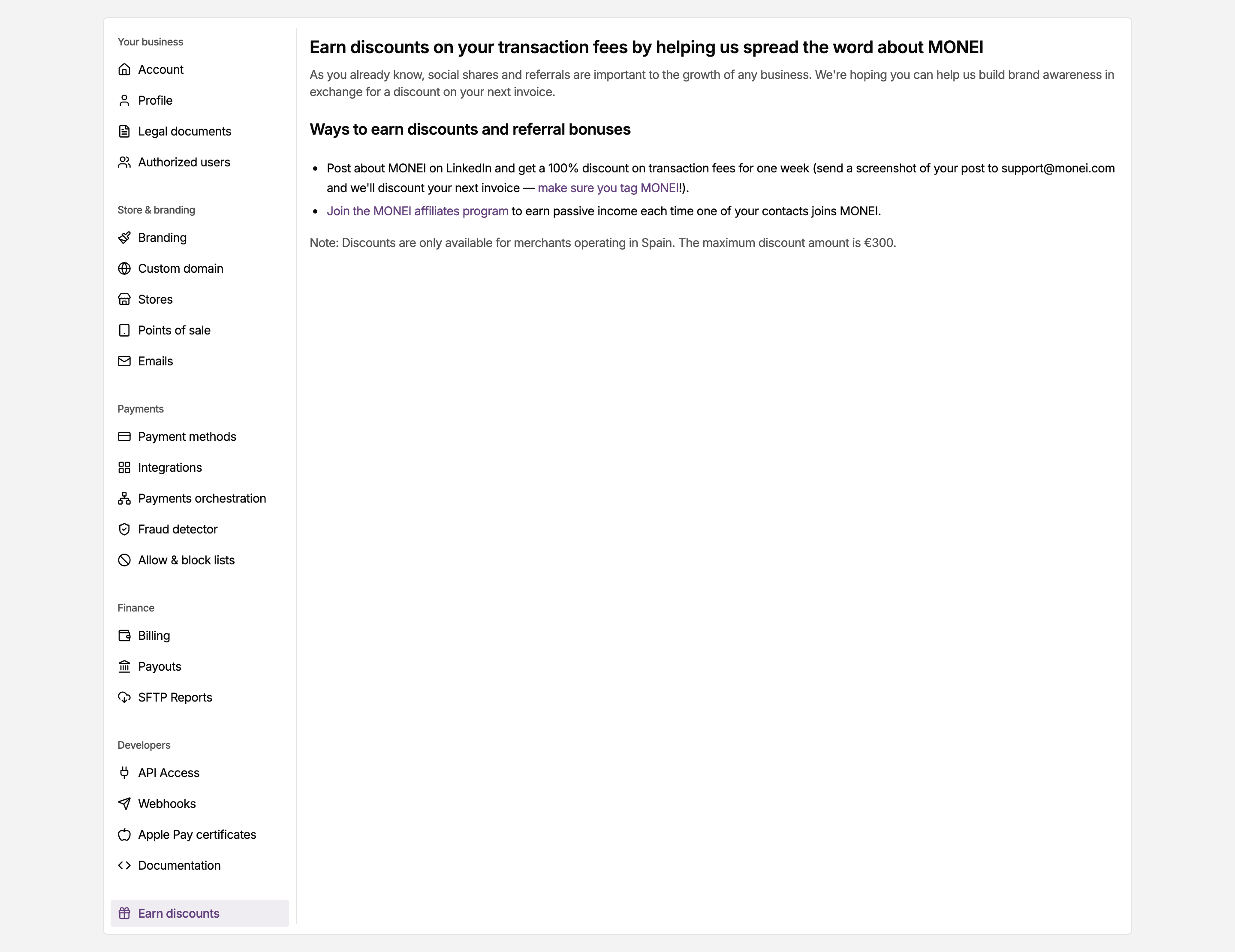 Earn discounts page in the MONEI Dashboard settings, with your referral link