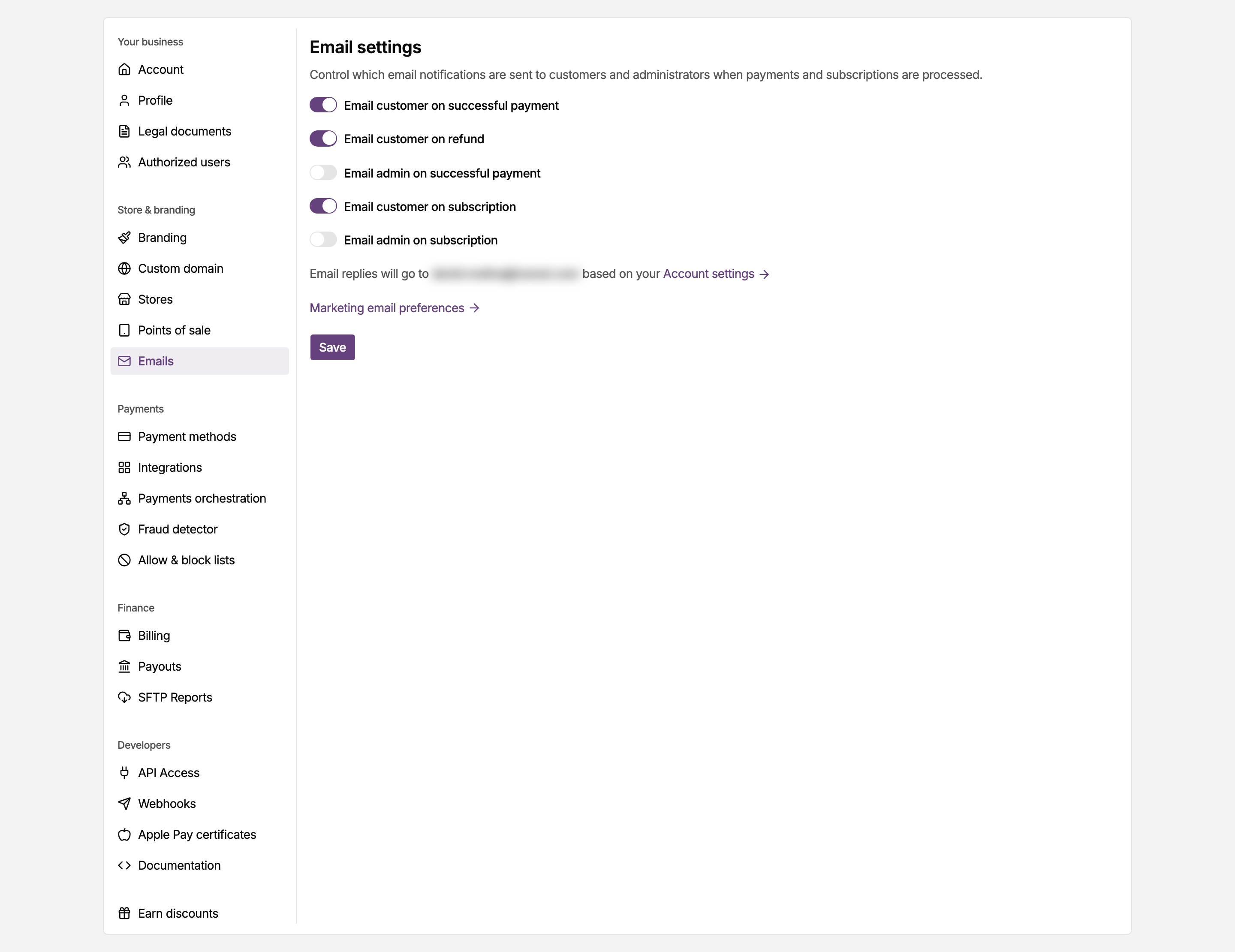 Emails page in the MONEI Dashboard settings, where you choose which notifications MONEI sends