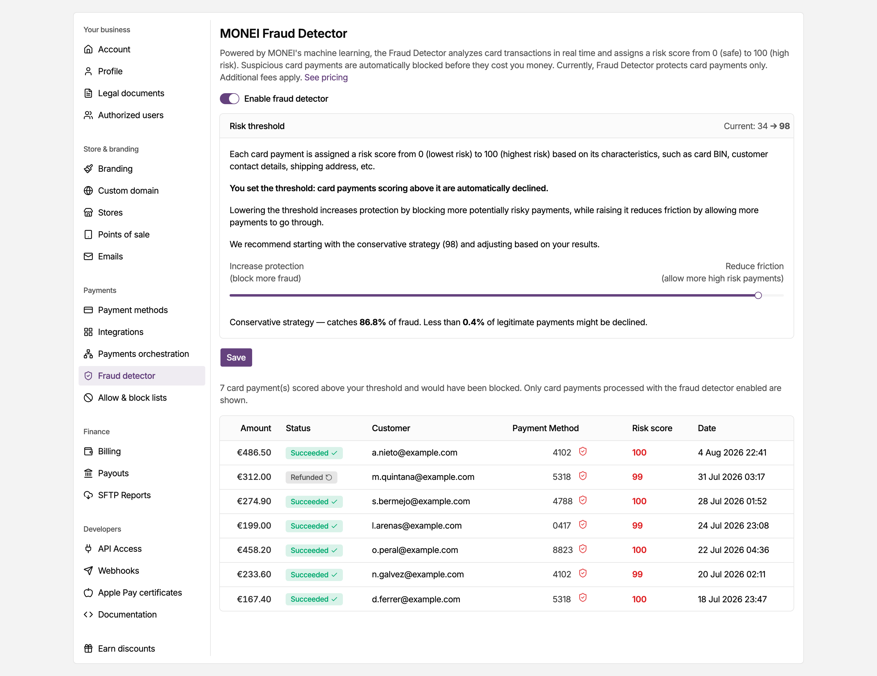 Fraud detector enabled in the MONEI Dashboard settings, showing the risk threshold slider set to 98 and the payments that would have been blocked