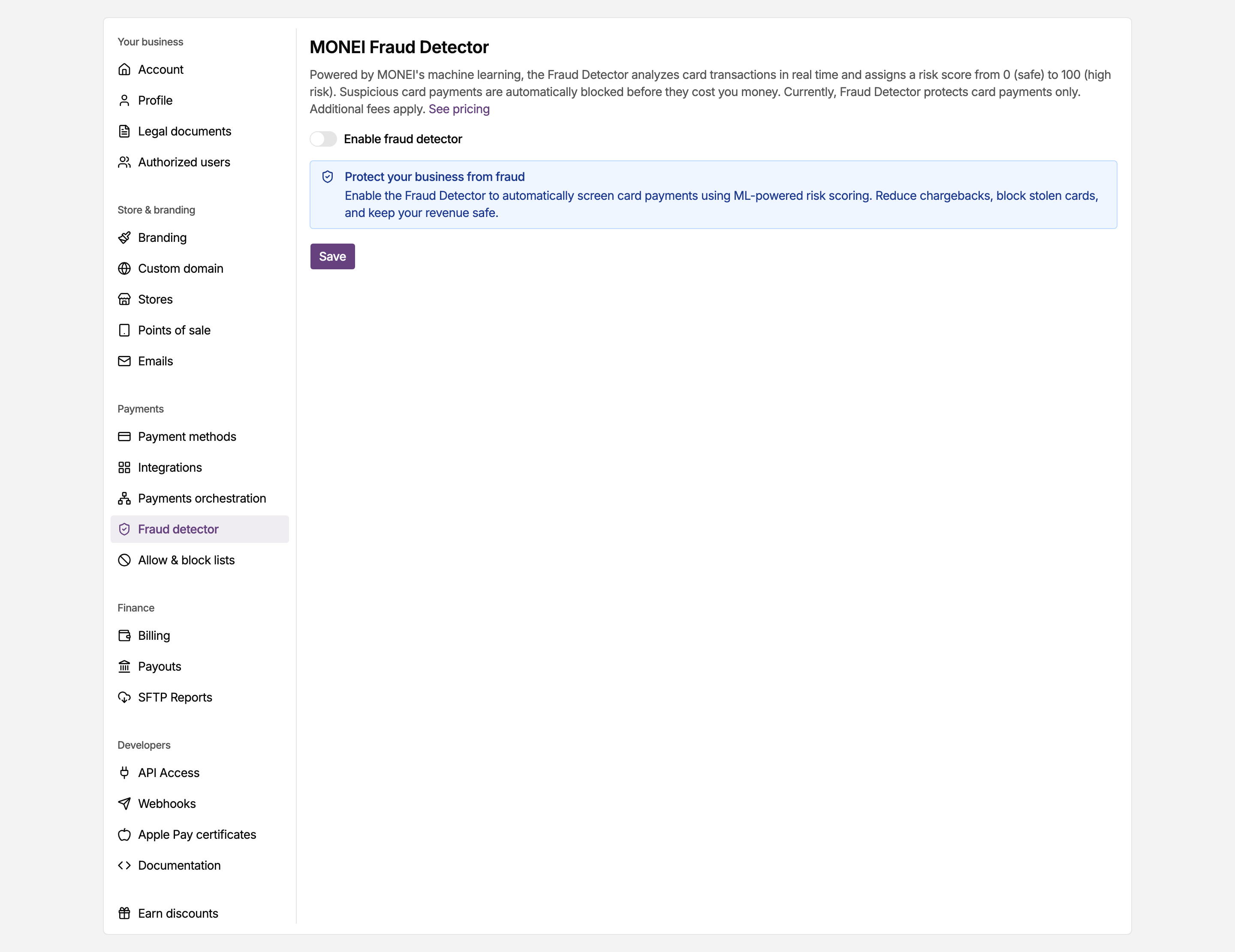 Fraud detector page in the MONEI Dashboard settings, with the Enable fraud detector switch