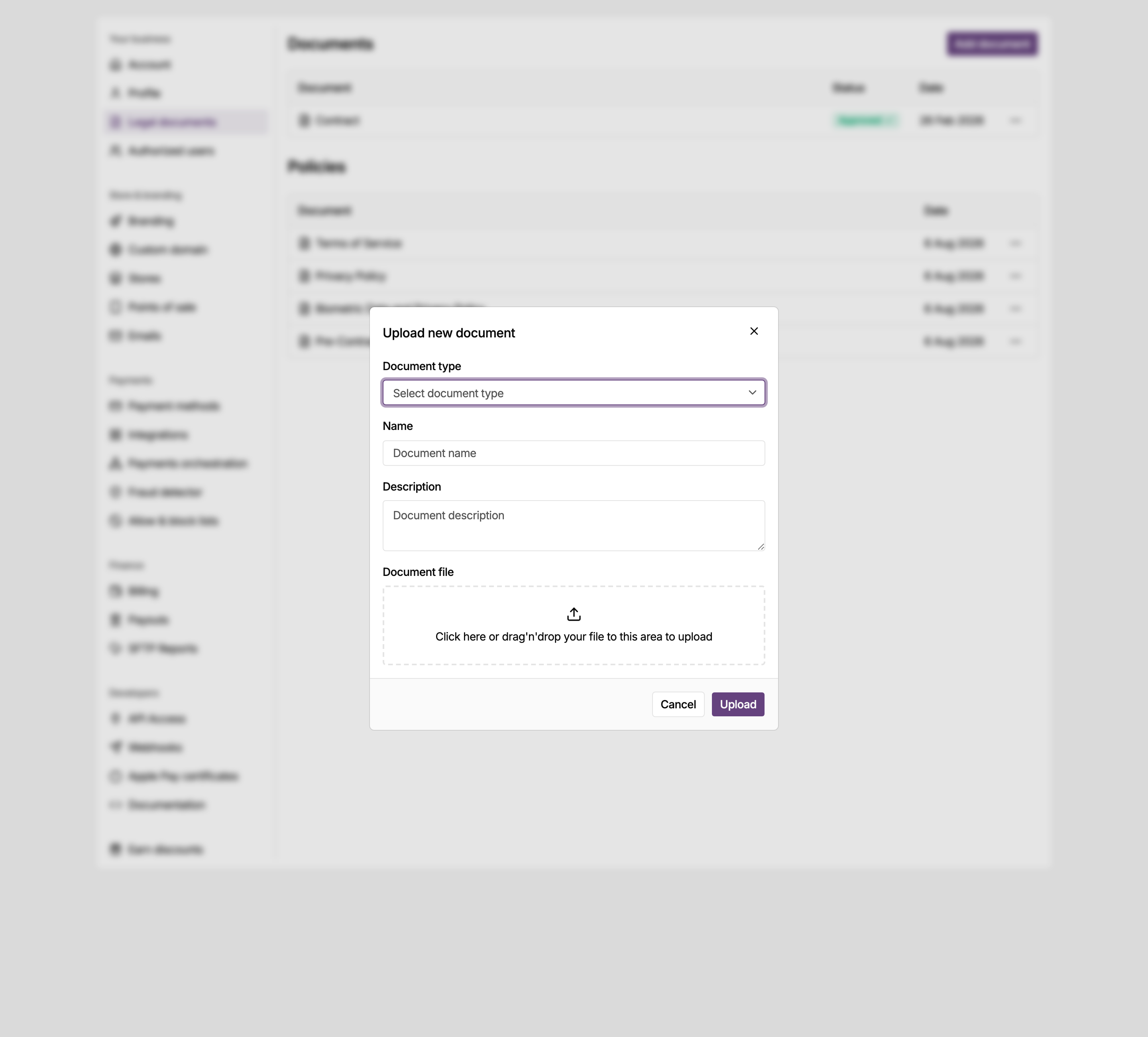 Upload new document dialog in the MONEI Dashboard settings