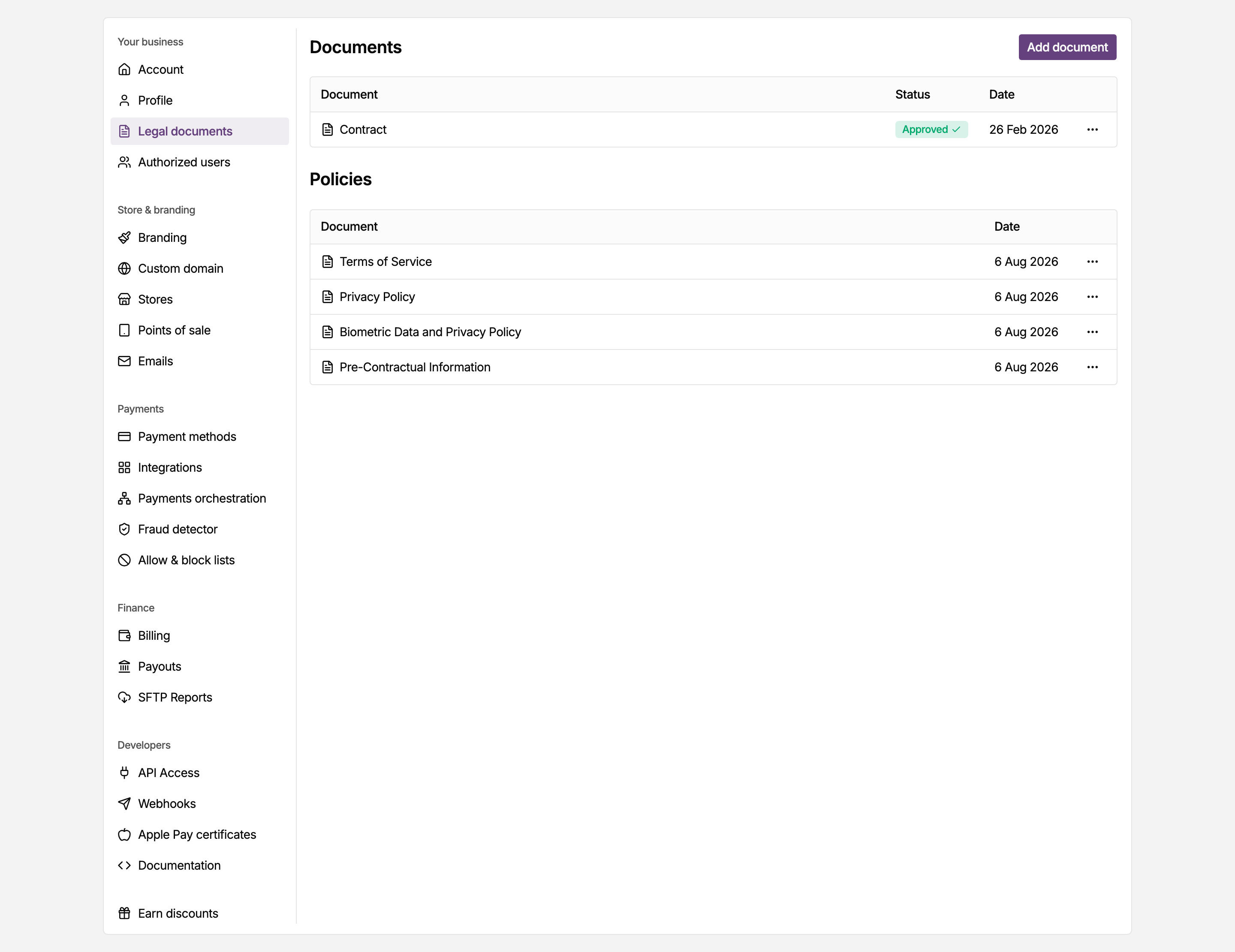 Legal documents page in the MONEI Dashboard settings, listing the documents on your account