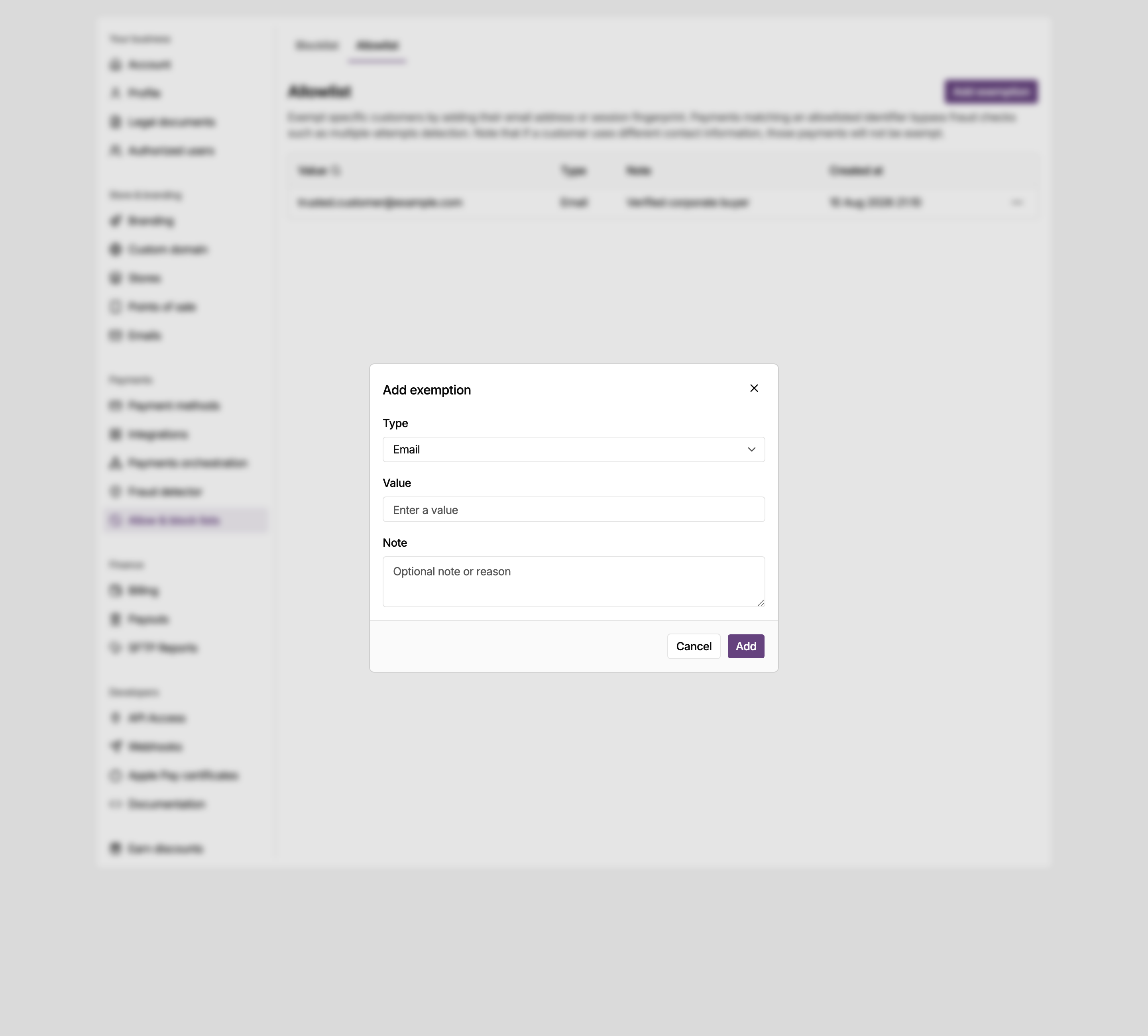 Add exemption dialog in the MONEI Dashboard settings, where you exempt a customer from the fraud rules