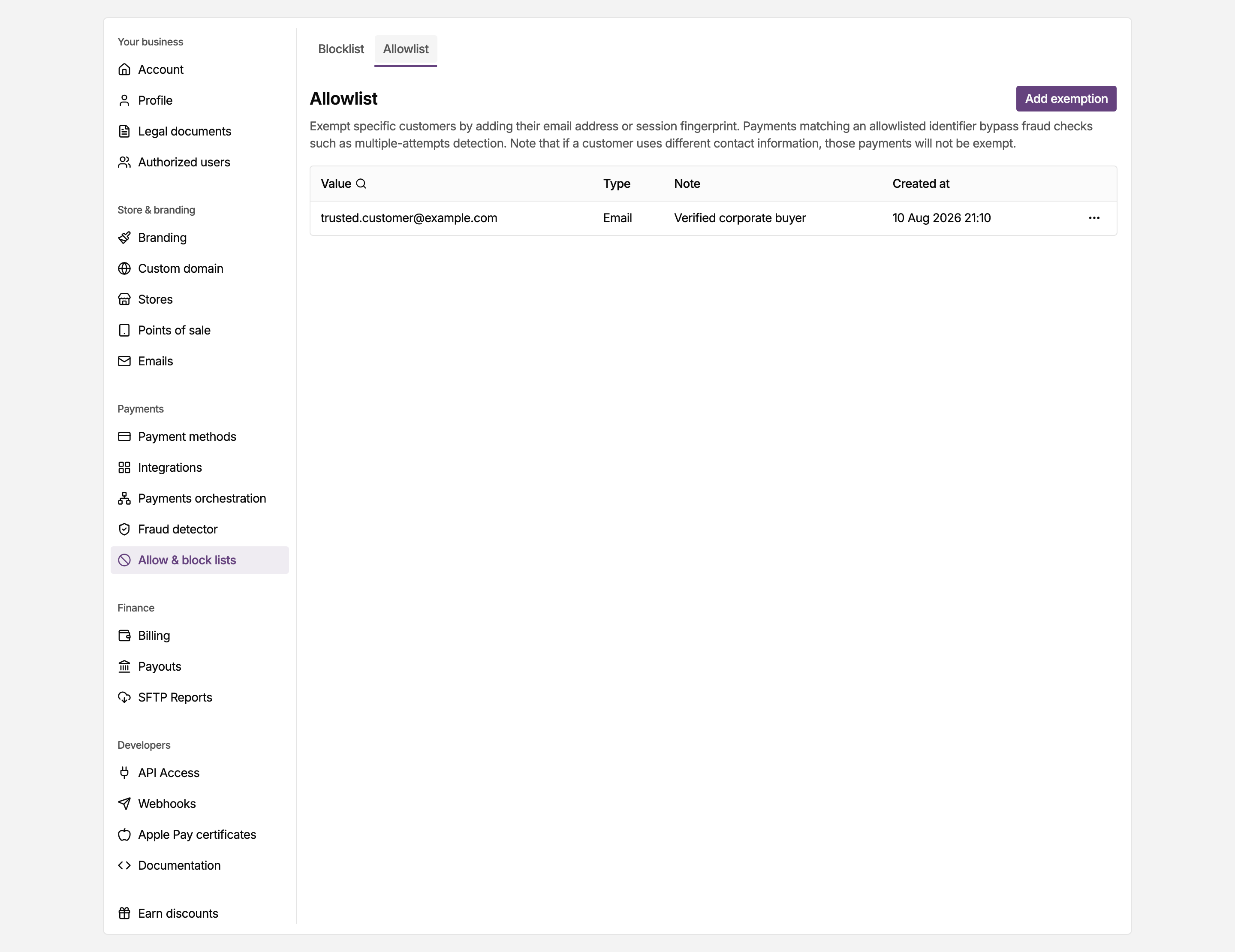 Allow & block lists page in the MONEI Dashboard settings, on the allow list tab
