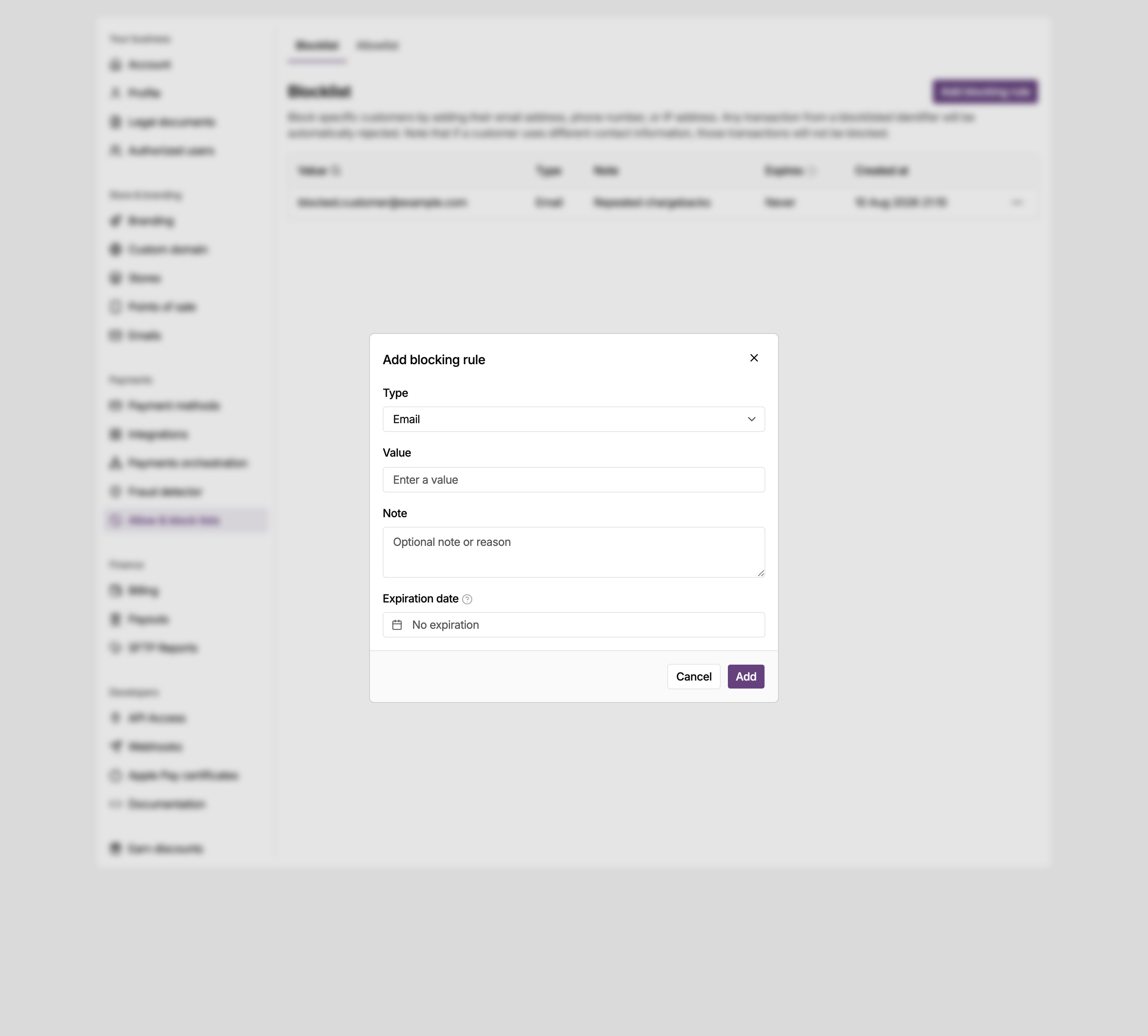 Add blocking rule dialog in the MONEI Dashboard settings, where you choose what to block