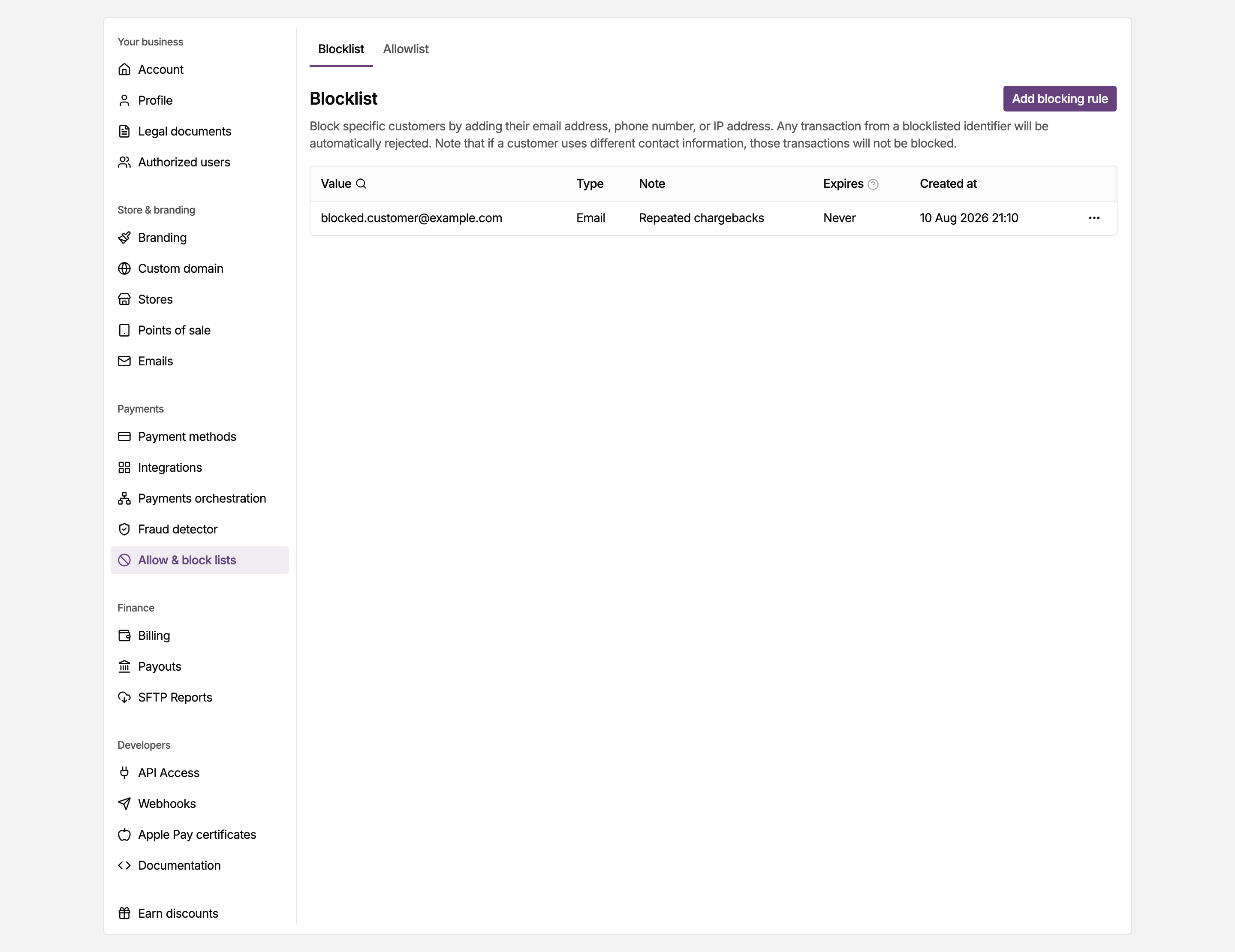 Allow & block lists page in the MONEI Dashboard settings, on the block list tab