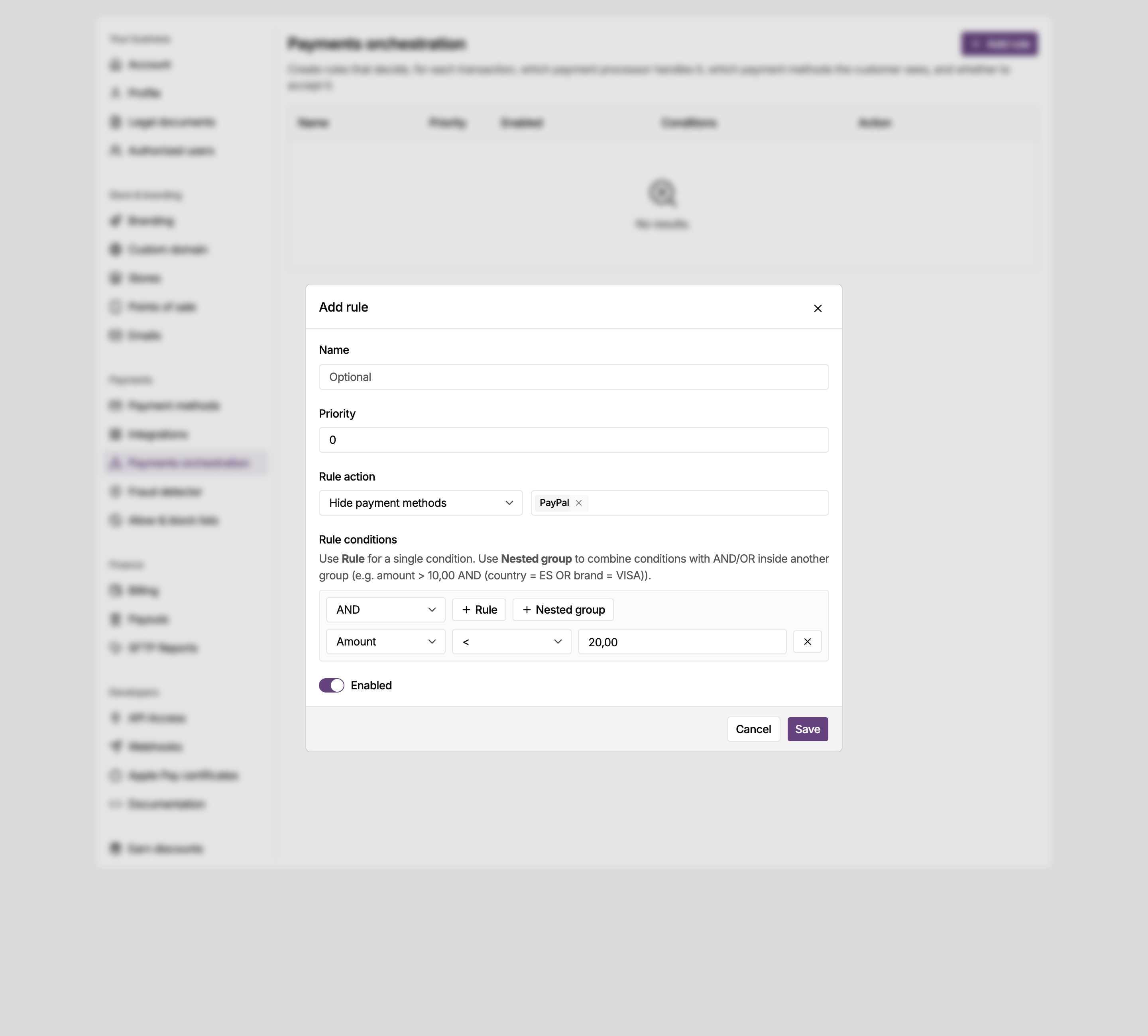 Add rule dialog in the MONEI Dashboard orchestration settings, set to hide PayPal when the amount is under 20 EUR