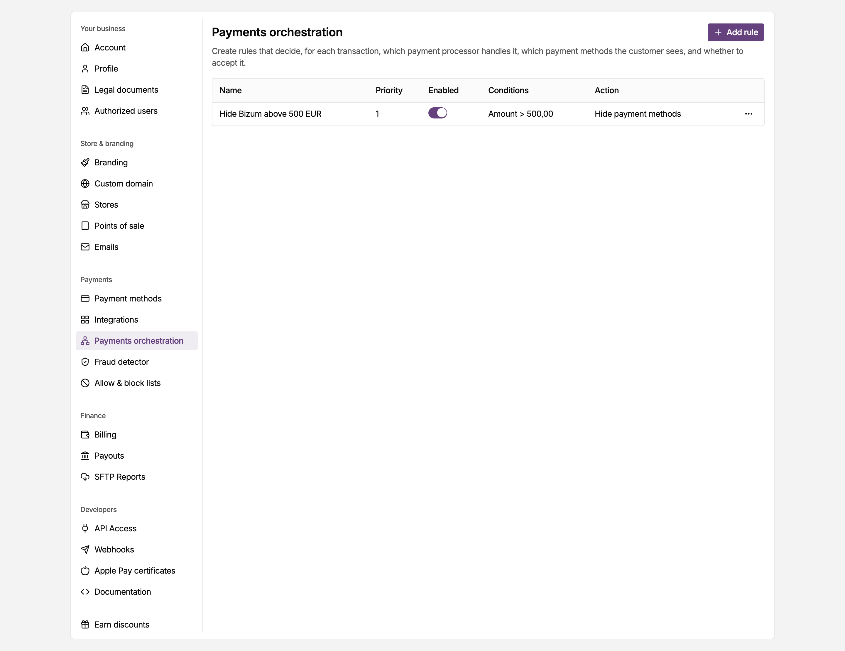 Payments orchestration page in the MONEI Dashboard settings, where you set the rules that route each payment