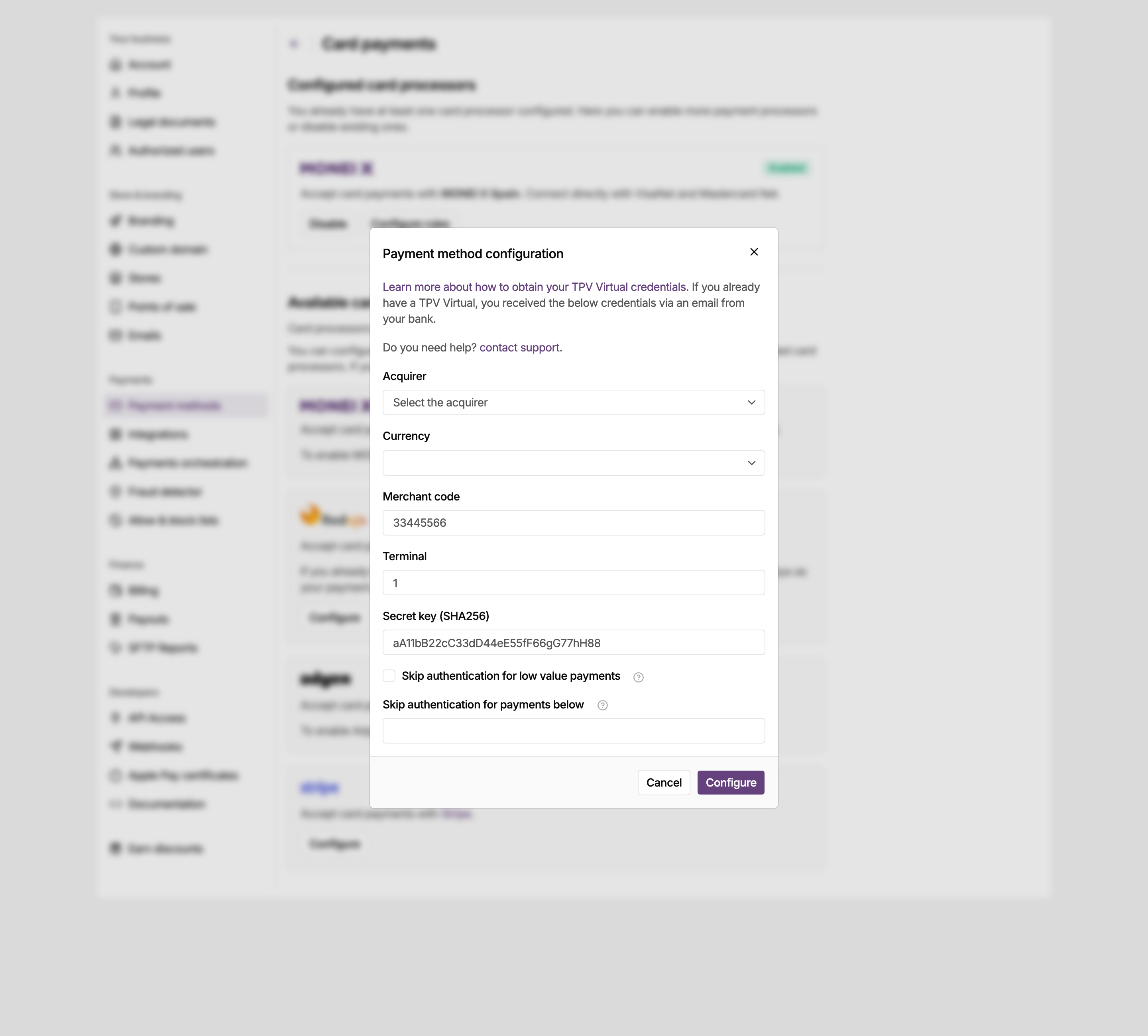 Payment method configuration dialog in the MONEI Dashboard, adding Redsys as a card processor with your TPV Virtual credentials