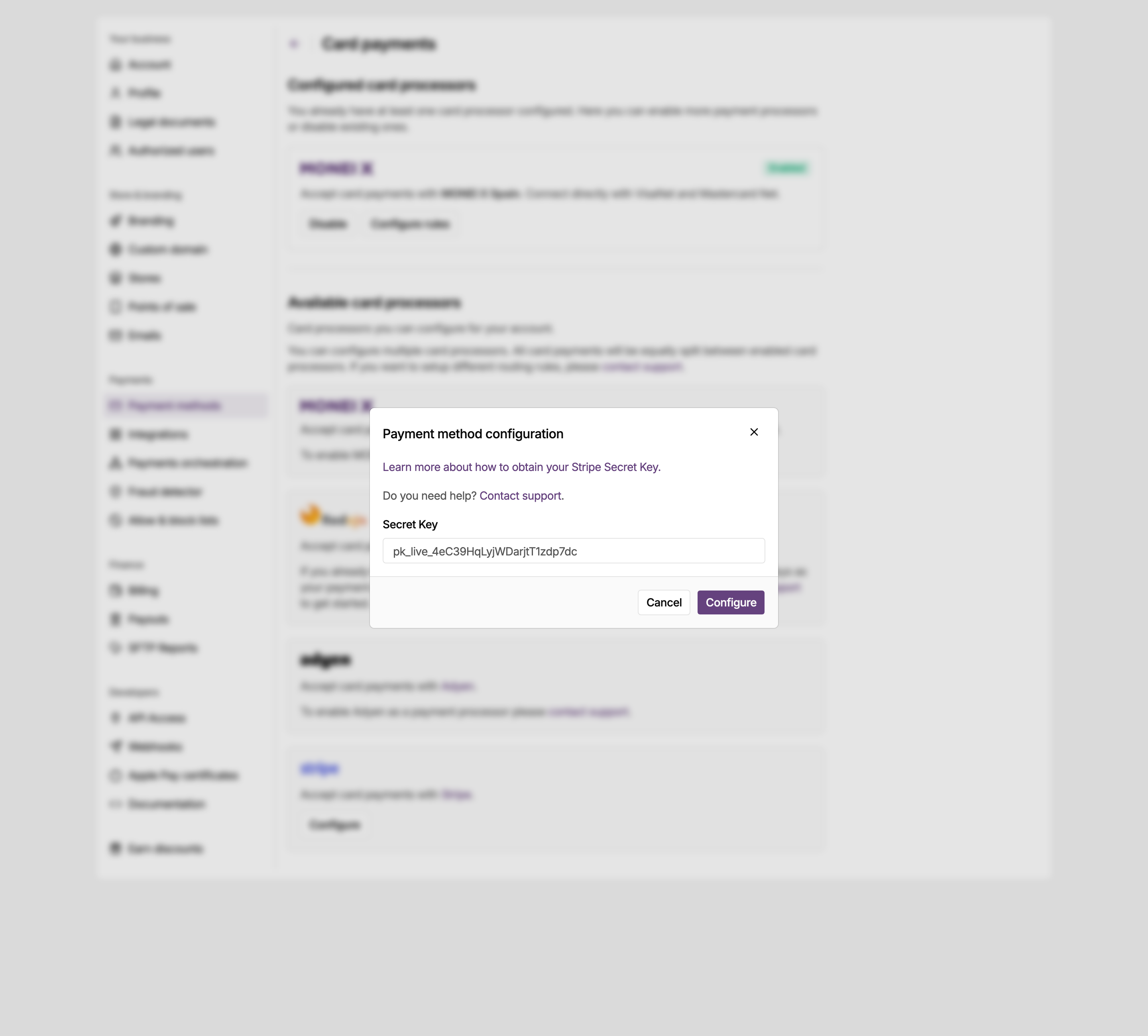 Payment method configuration dialog in the MONEI Dashboard, adding Stripe as a card processor
