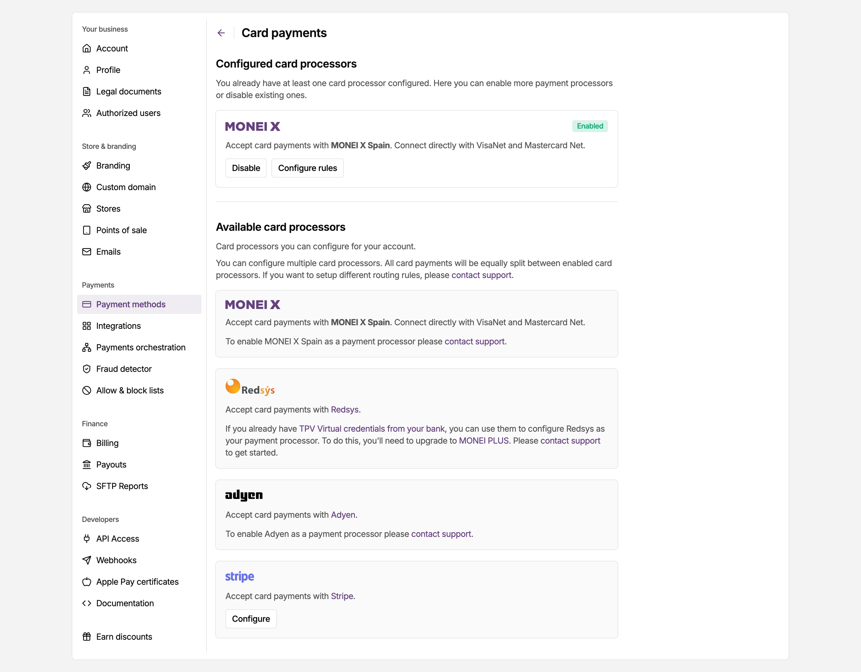 Card payments page in the MONEI Dashboard settings, listing the configured card processor and the ones you can add
