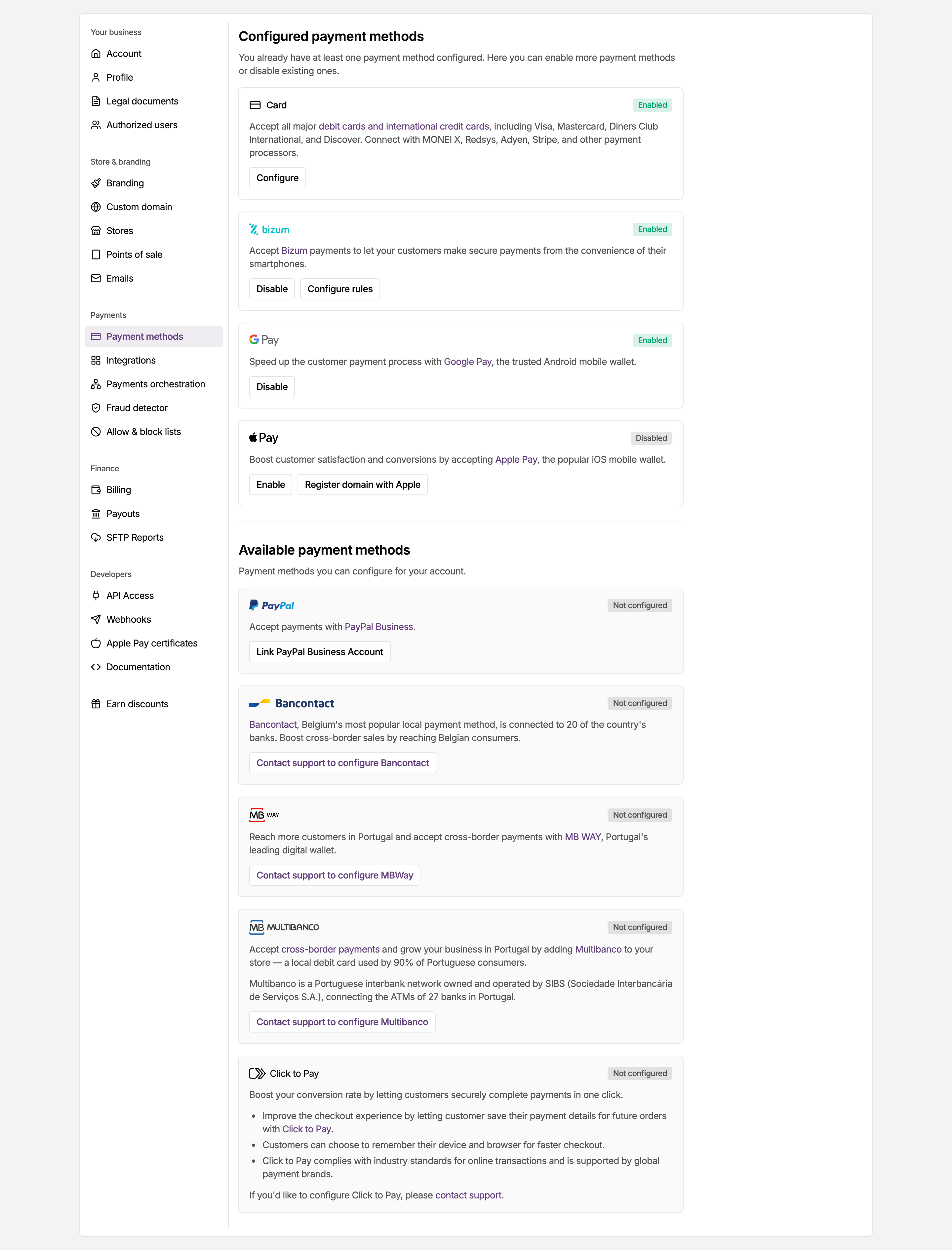 Payment methods page in the MONEI Dashboard settings, with Bizum listed as enabled